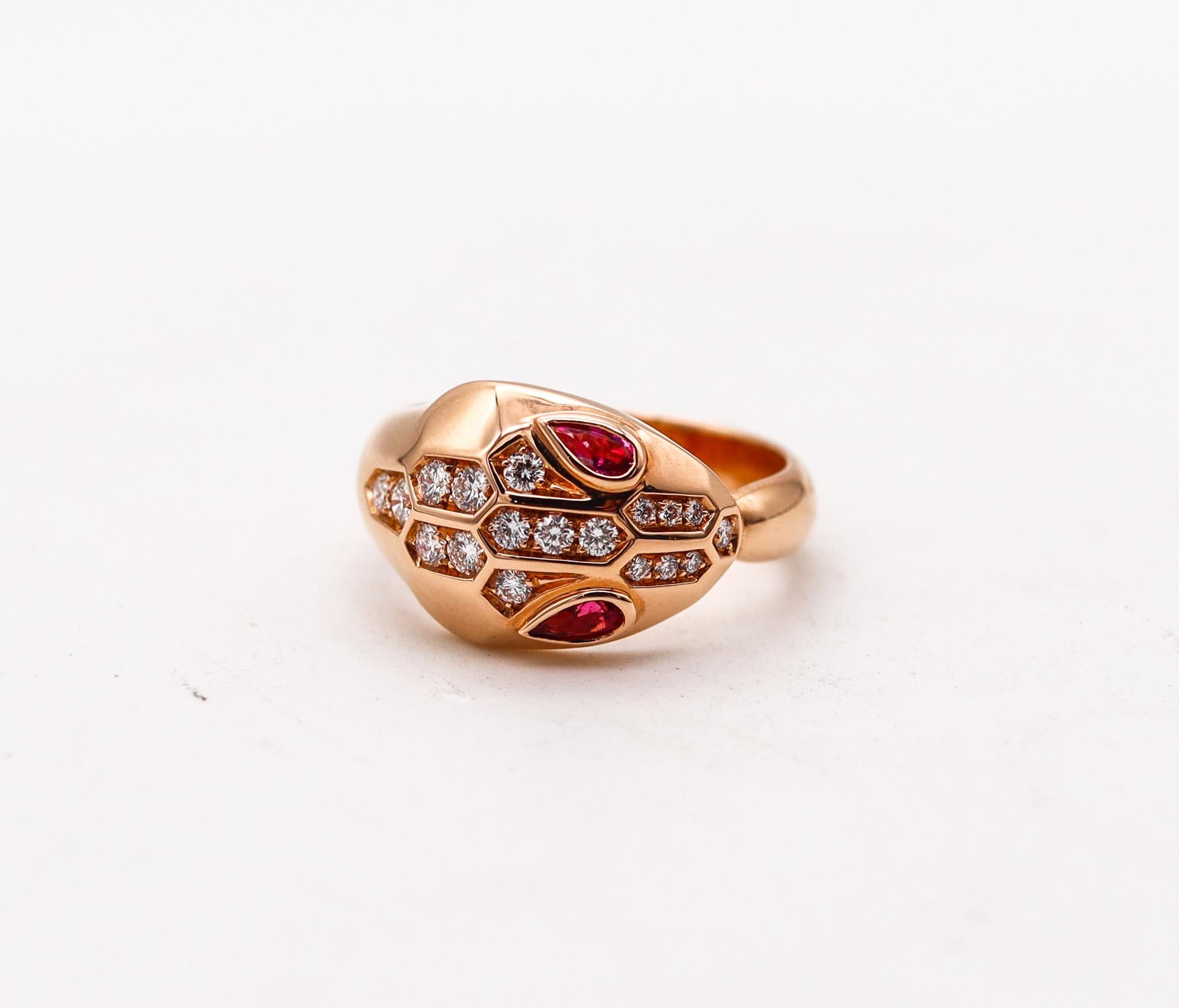 Modernist BVLGARI Roma Serpenti Ring In 18Kt Rose Gold With Diamonds And Rubies