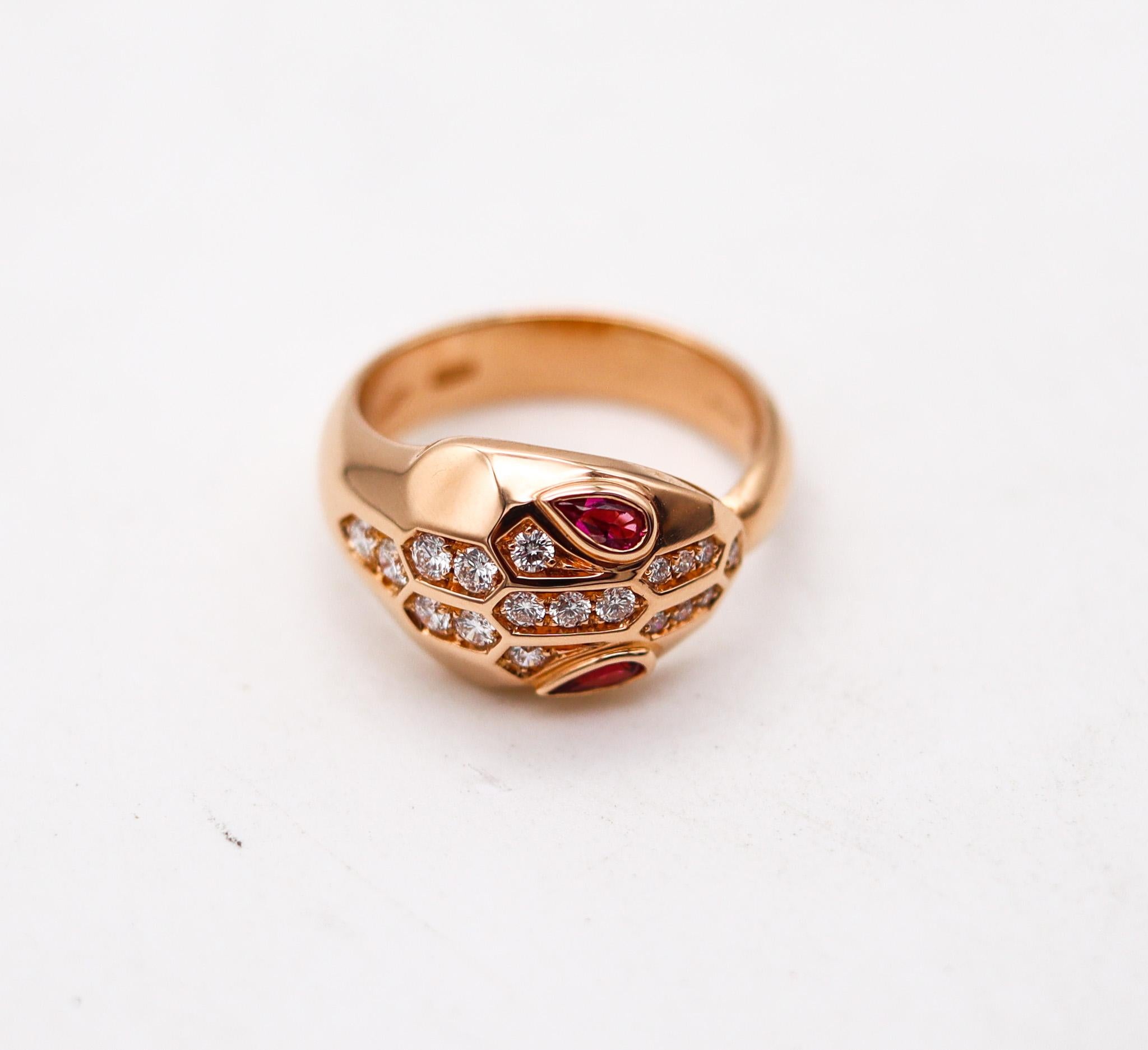 Brilliant Cut BVLGARI Roma Serpenti Ring In 18Kt Rose Gold With Diamonds And Rubies