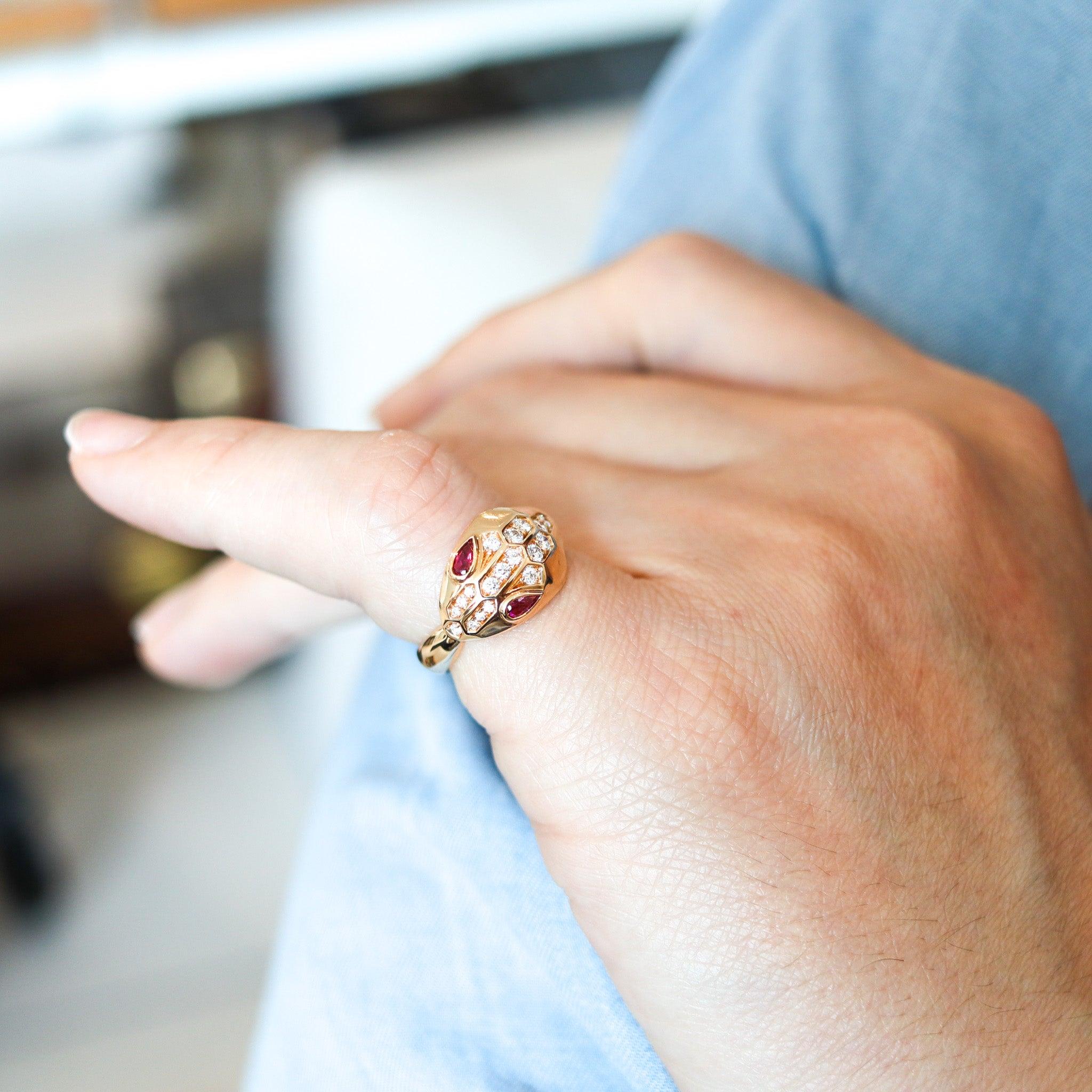 A gems-set Serpenti flexible ring designed by Bvlgari.

This Serpenti ring is an exceptional piece of jewelry, created in Rome Italy by the iconic jewelry house of Bvlgari. This Serpenti ring is part of the Bvlgari Prestige Collection and was