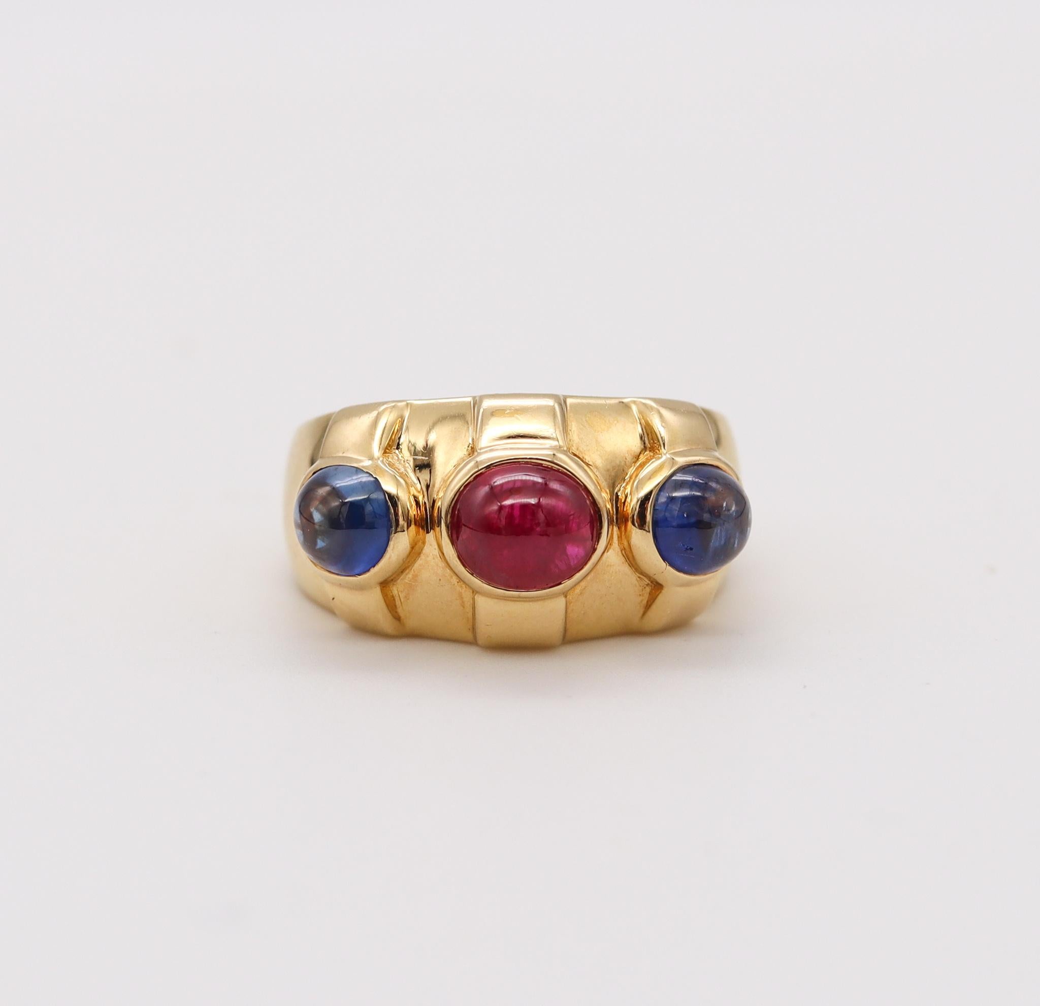 Bvlgari Roma Three Bems Ring in 18Kt Gold with 2.33 Ctw in Ruby and Sapphires For Sale 1