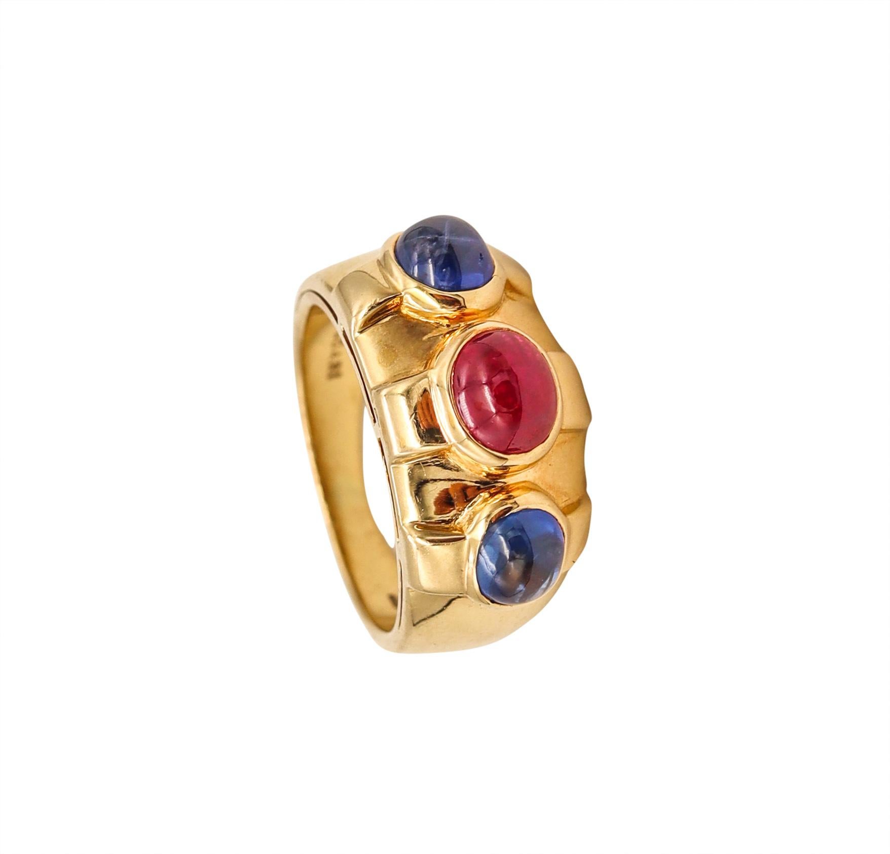 A gem-set ring designed by Bvlgari.

Beautiful vintage piece of jewelry, created in Rome, Italy by the iconic jewelry house of Bvlgari. This rare ring is part of the Bvlgari collection privee and was carefully crafted with great attention to details