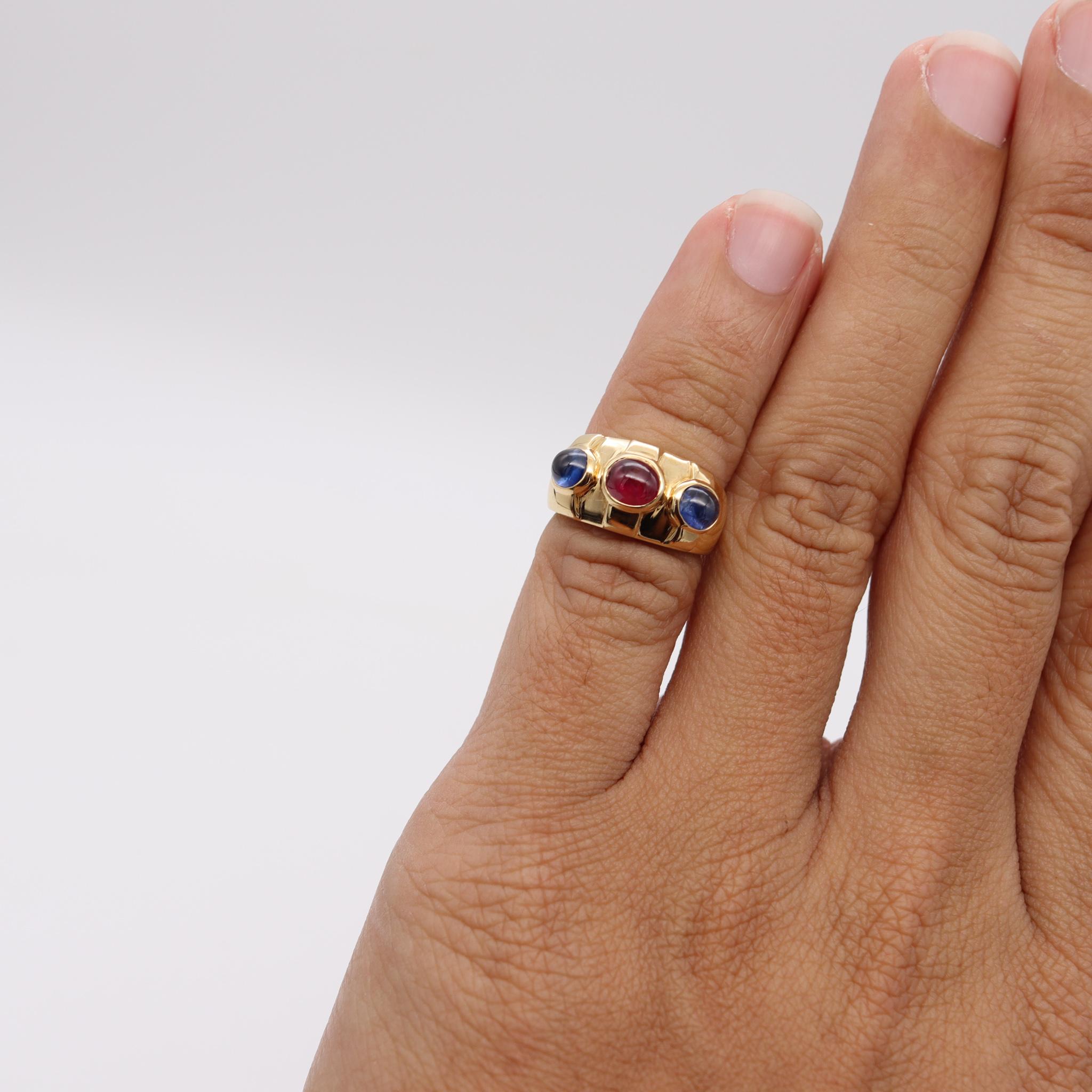 Modernist Bvlgari Roma Three Bems Ring in 18Kt Gold with 2.33 Ctw in Ruby and Sapphires For Sale