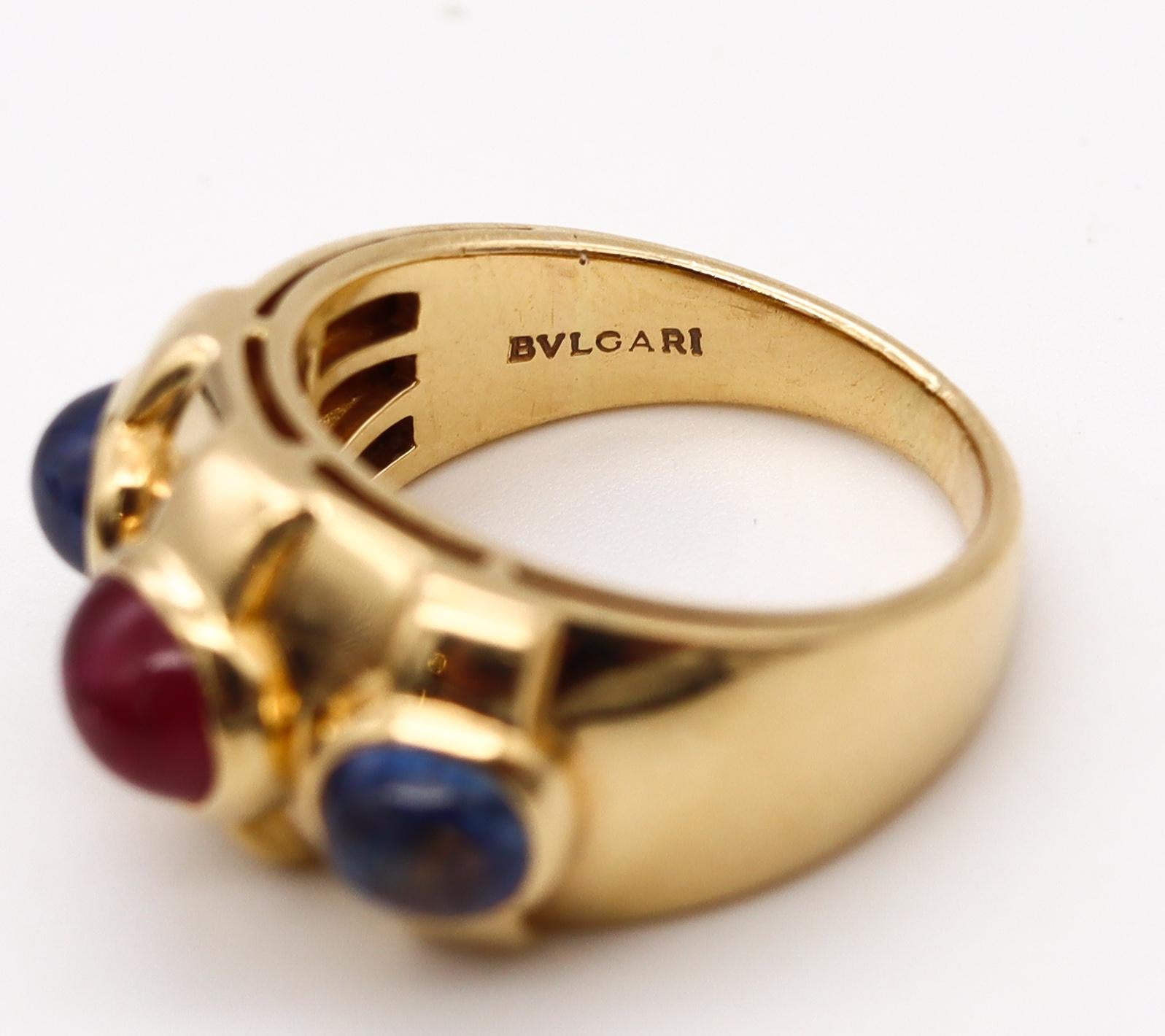 Cabochon Bvlgari Roma Three Bems Ring in 18Kt Gold with 2.33 Ctw in Ruby and Sapphires For Sale