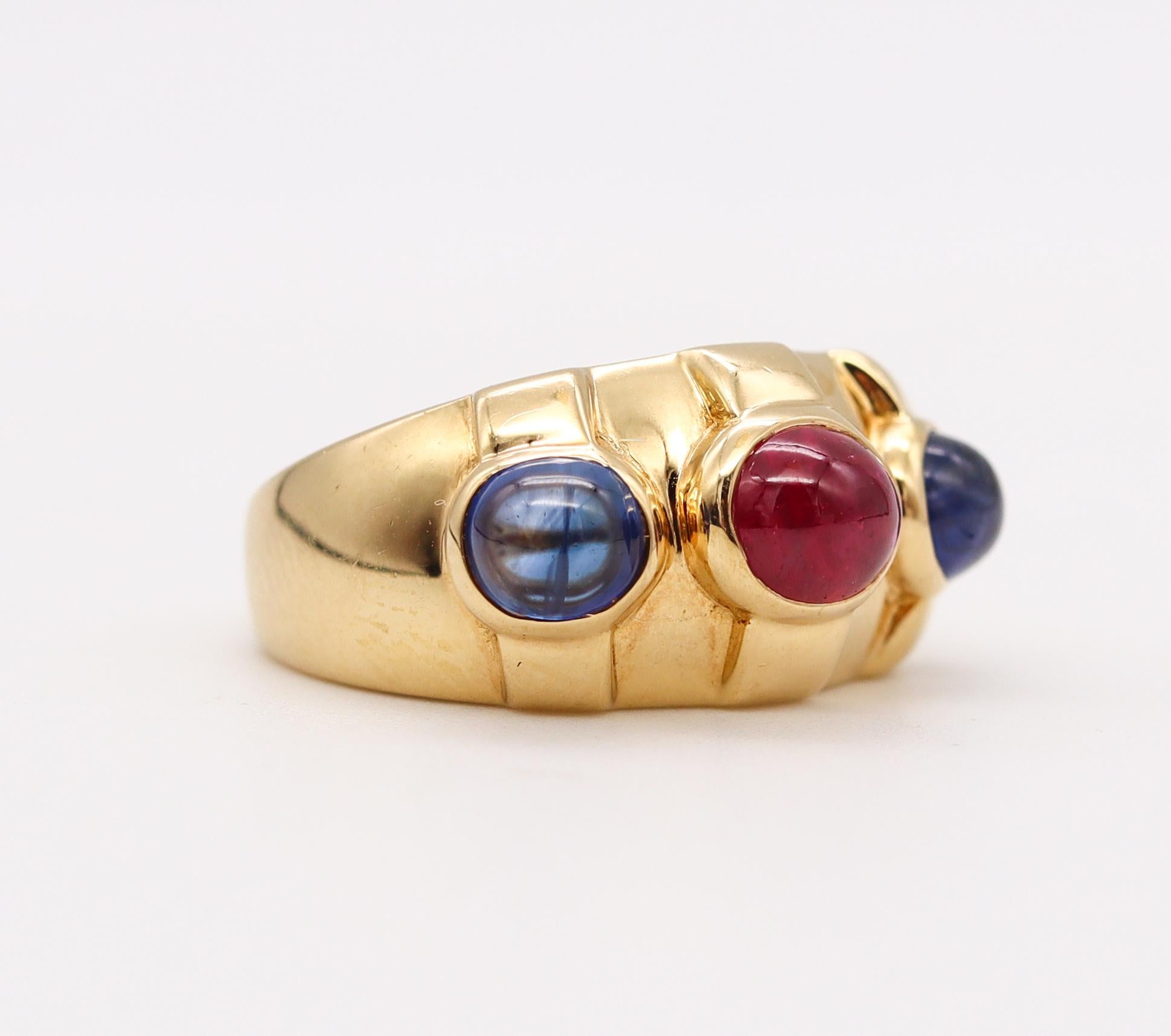 Women's or Men's Bvlgari Roma Three Bems Ring in 18Kt Gold with 2.33 Ctw in Ruby and Sapphires For Sale