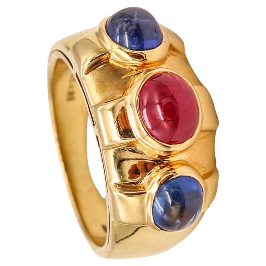 Bvlgari Roma Three Bems Ring in 18Kt Gold with 2.33 Ctw in Ruby and Sapphires For Sale