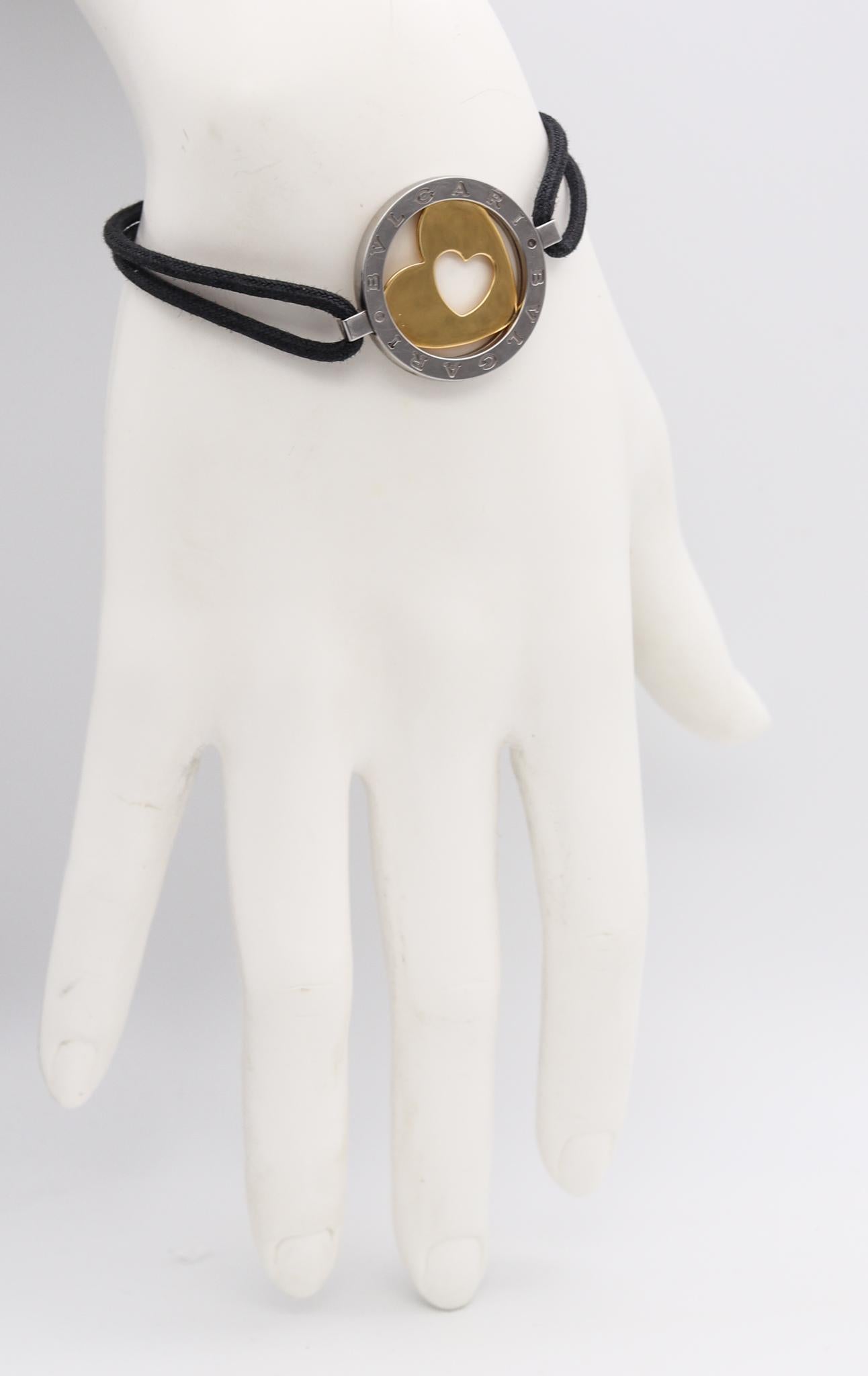 Bvlgari Roma Tondo Love Heart Armband mit Seidenkordel 18Kt Gold und Edelstahl (Moderne) im Angebot