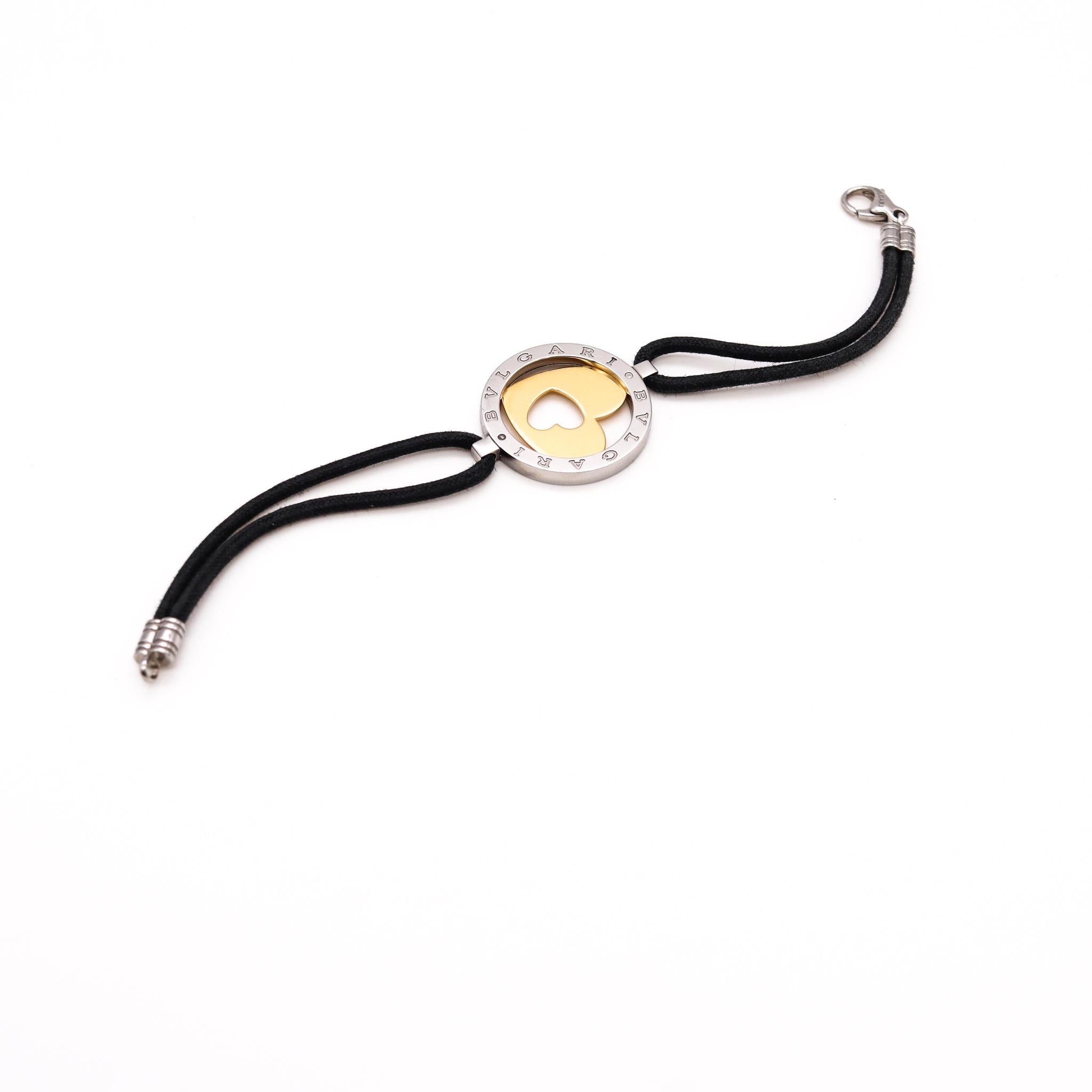 Modern Bvlgari Roma Tondo Love Heart Bracelet with Silk Cord 18Kt Gold and Stainless For Sale