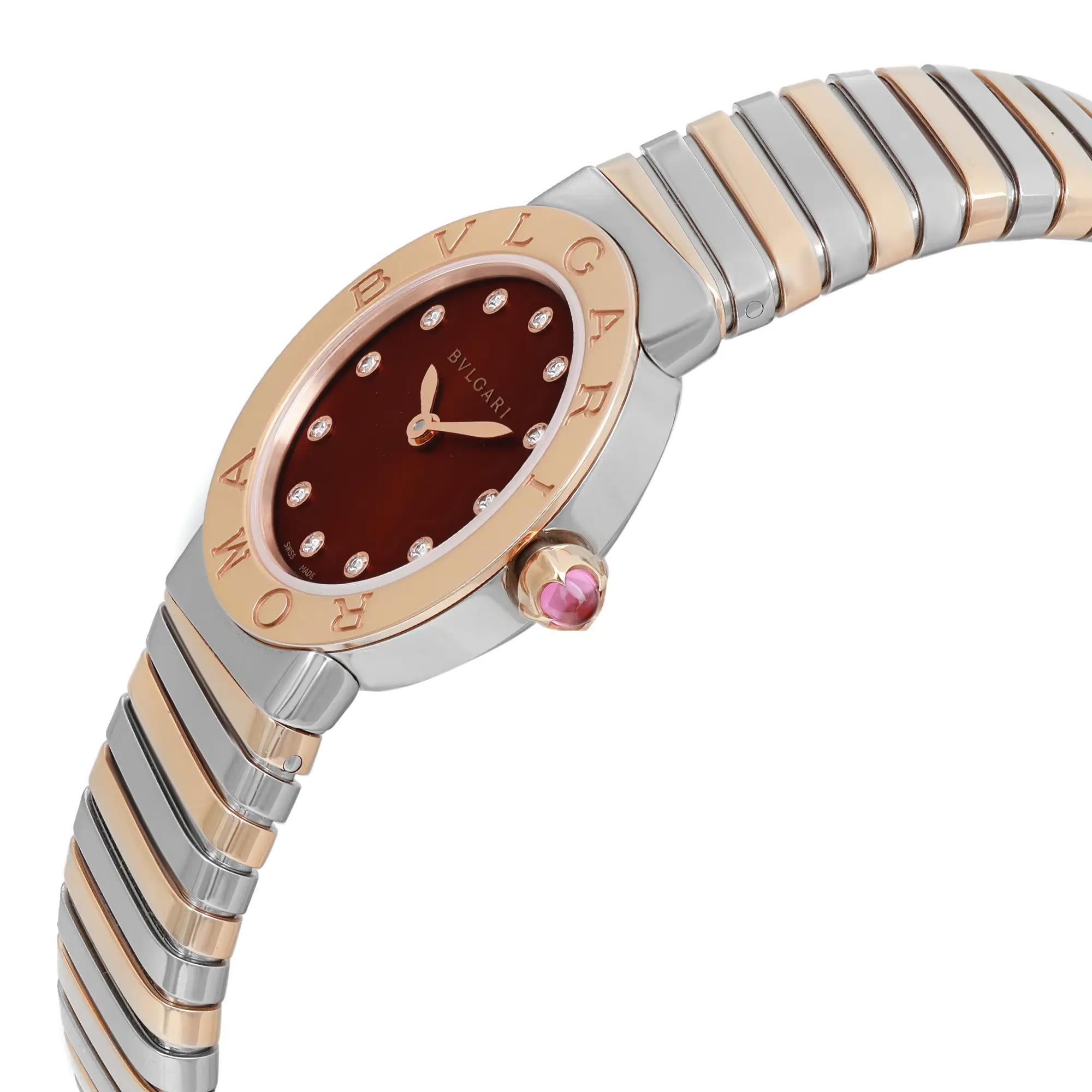 New Bvlgari Roma Tubogas 18K Rose Gold Steel Diamond Brown Dial Watch 102456 In New Condition In New York, NY