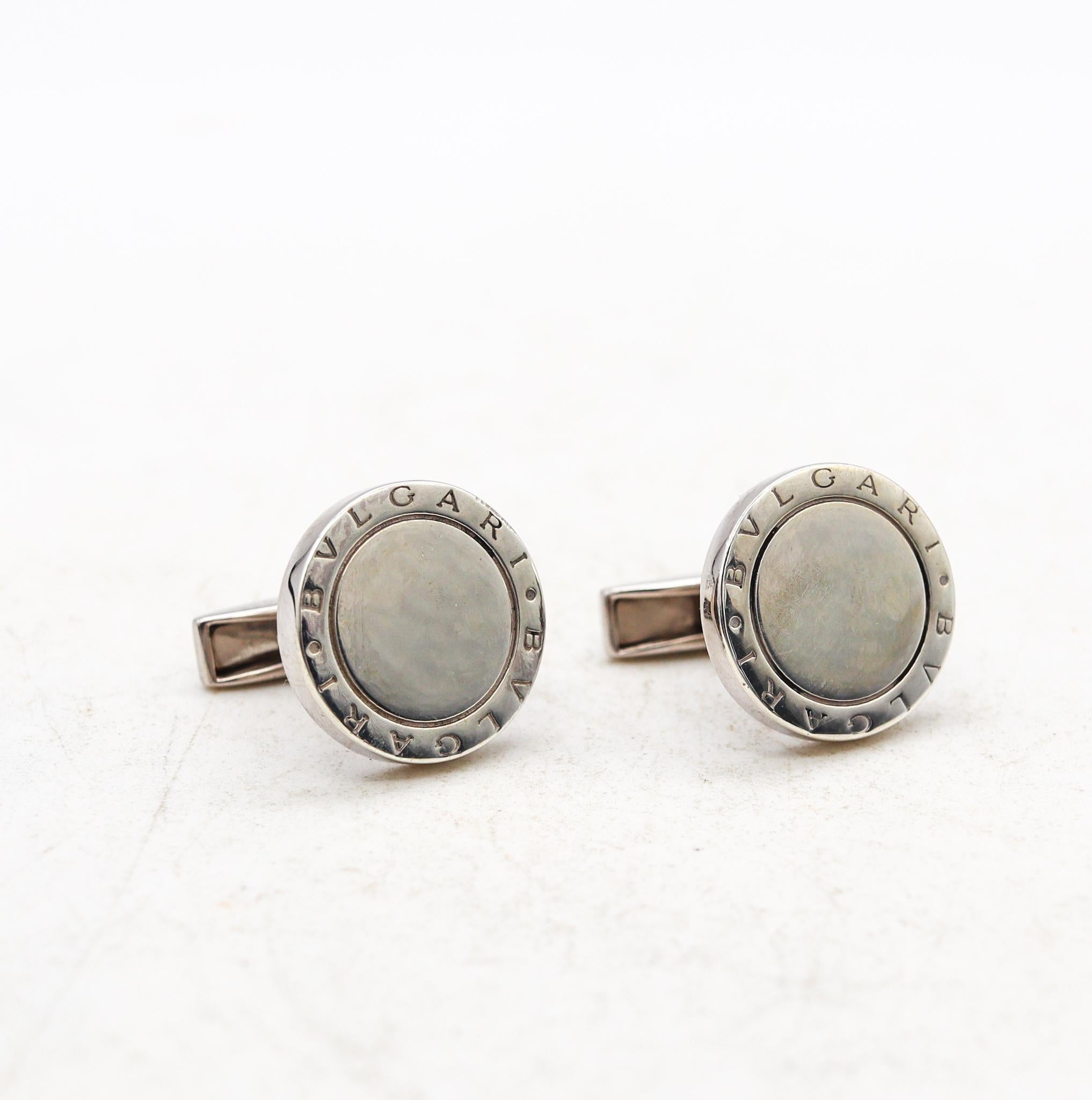 Contemporary Bvlgari Roma Vintage Pair Of Toggle Round Cufflinks Solid .925 Sterling Silver For Sale