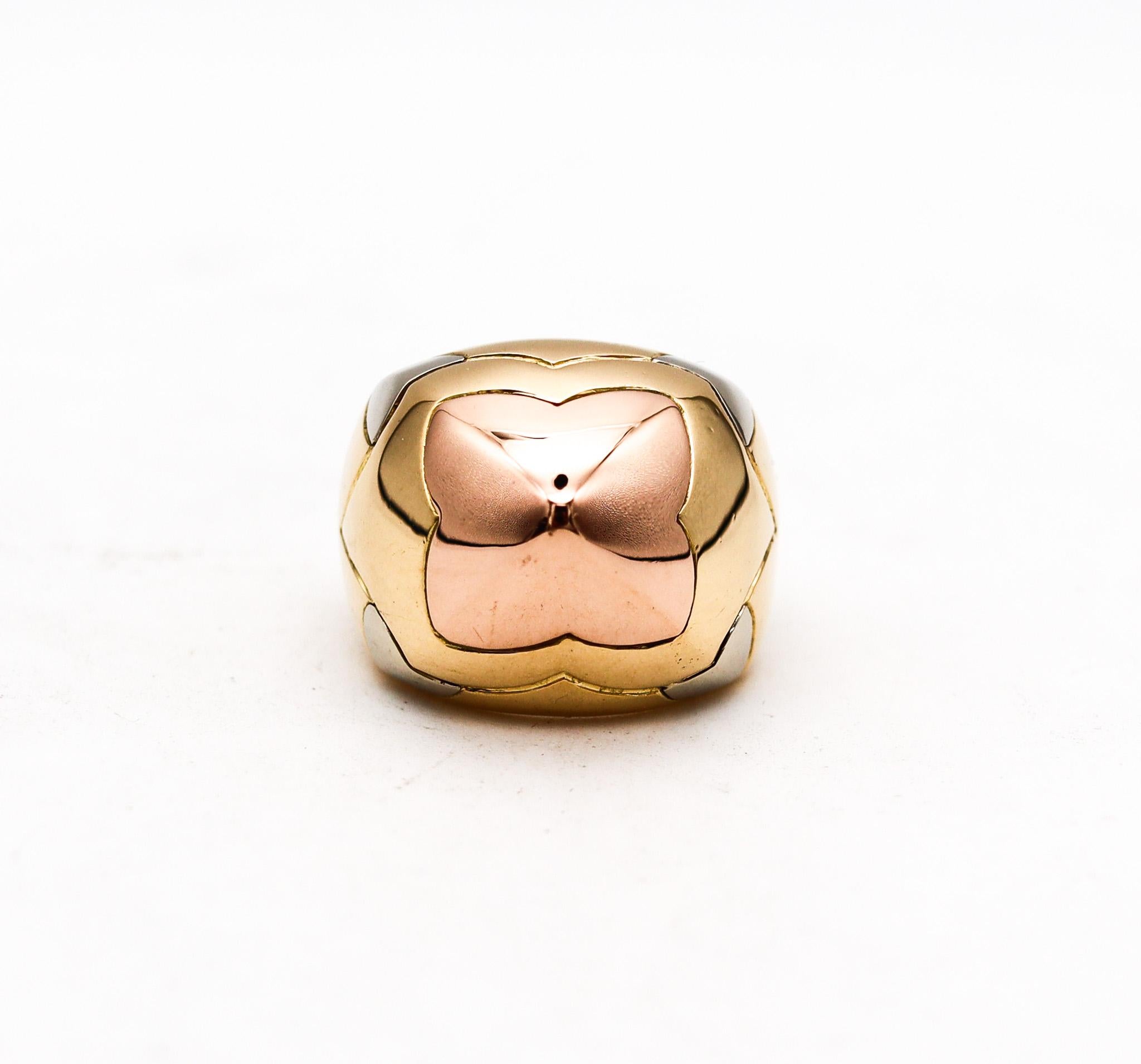 Modernist Bvlgari Roma Vintage Pyramid Multi Tone Cocktail Ring In Solid 18Kt Gold