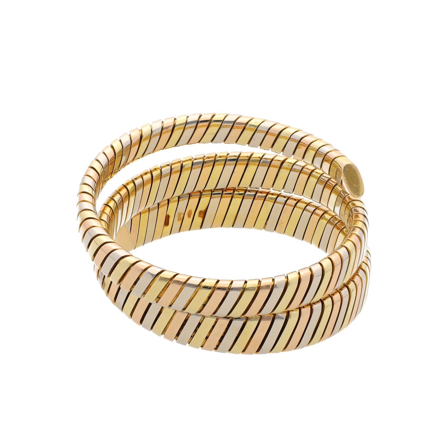 Bvlgari Roma Vintage Tre Colore Gold Tubogas Tapered Spiral Bracelet In Excellent Condition In New York, NY
