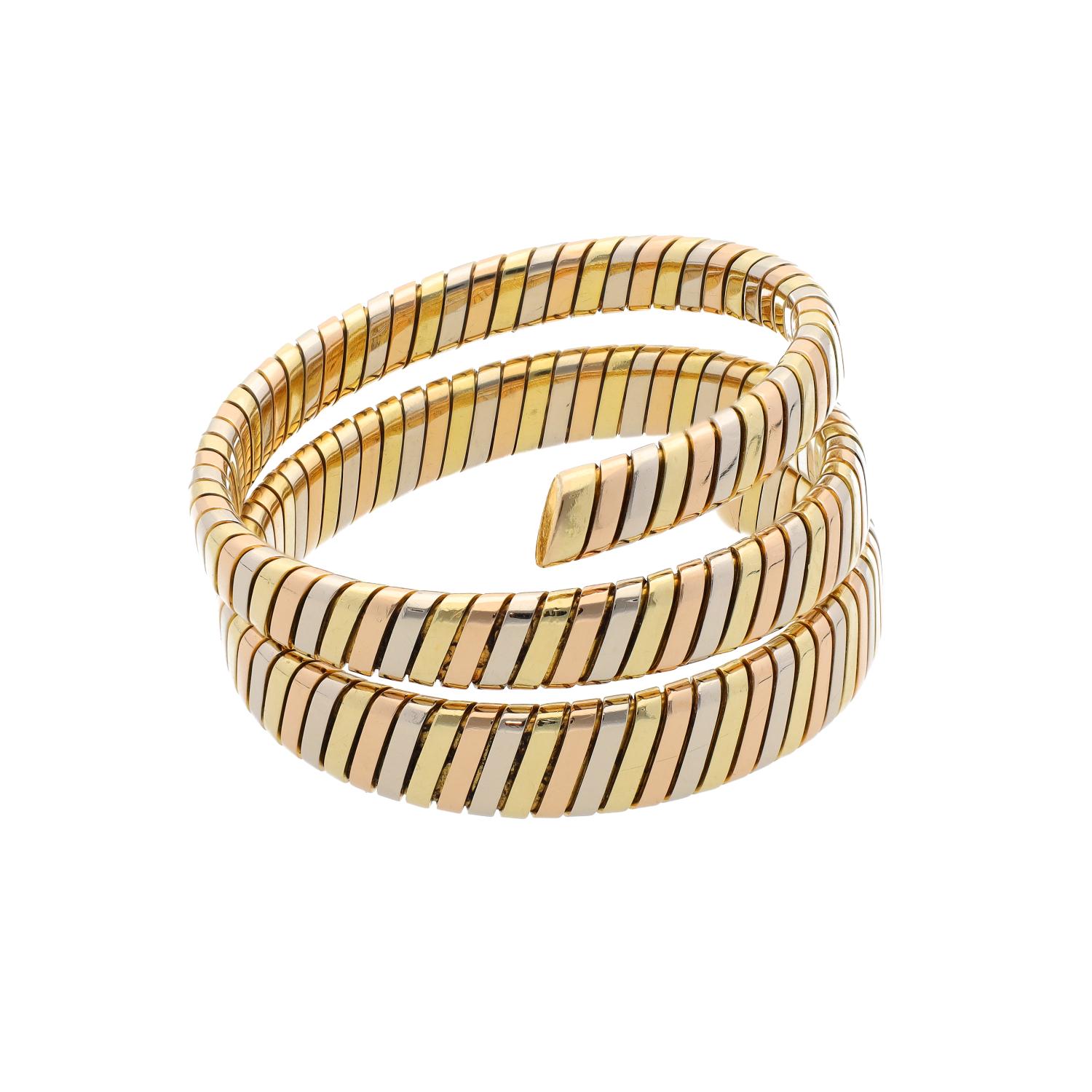 Women's Bvlgari Roma Vintage Tre Colore Gold Tubogas Tapered Spiral Bracelet