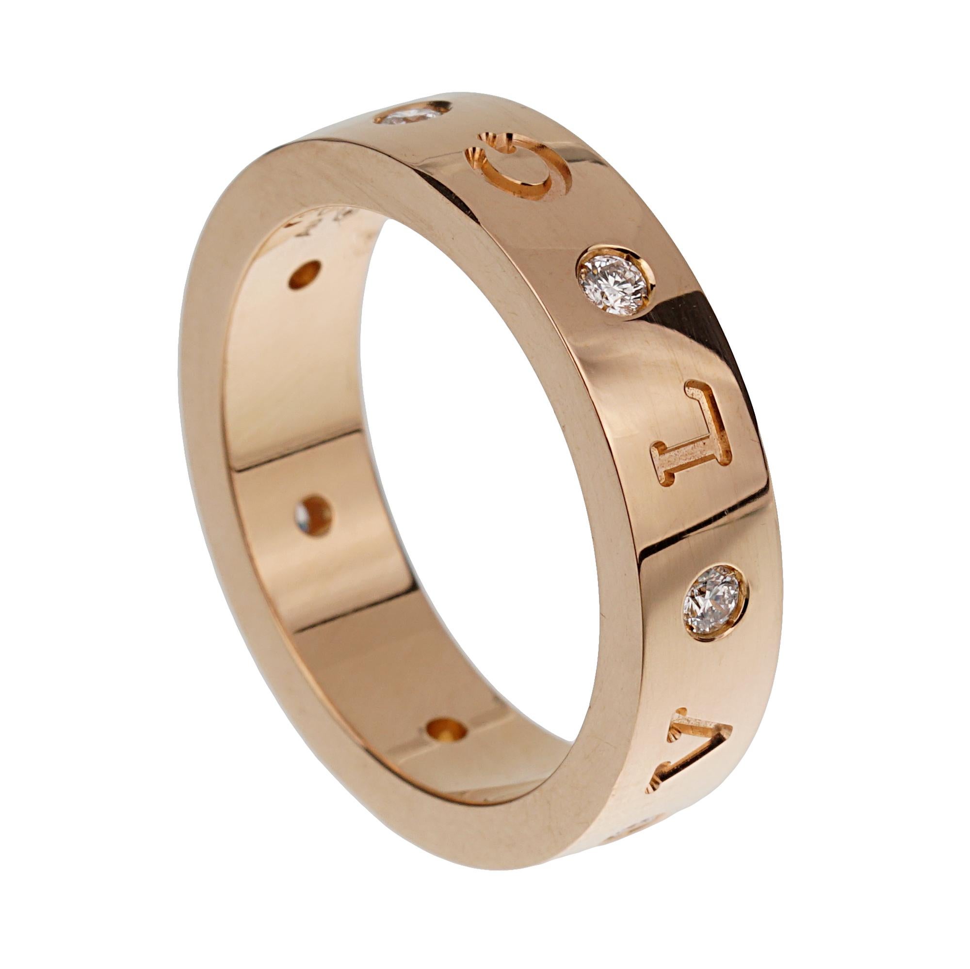 The Bvlgari Roman Sorbet 18k Rose Gold Diamond Band Ring is a masterpiece of luxury and elegance, embodying the timeless charm and exquisite craftsmanship for which Bvlgari is renowned. This ring, a part of the distinguished Roman Sorbet collection,