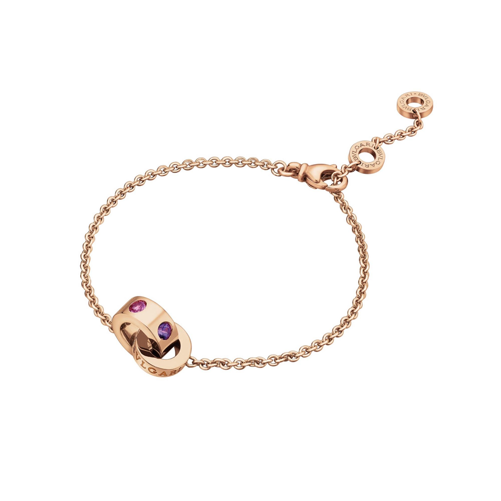The Bvlgari Roman Sorbet Amethyst Tourmaline Rose Gold Bracelet is a captivating piece that combines the luxury and elegance of Bvlgari's renowned craftsmanship with a playful touch of color. This exquisite bracelet is crafted from 18k rose gold,