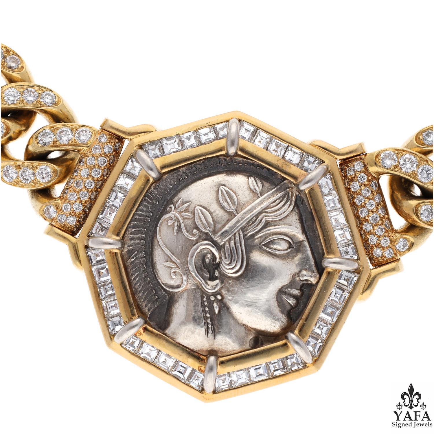 Unique Bvlgari Rome Vintage Ancient Greek Coin Full Diamond Set Gold Curb Link Necklace From Our Signed Jewels Vintage Collection.
Bulgari Rome set the trend in the 1970s for mounting Ancient to Modern coins in substantial gold jewelry.  Our Vintage