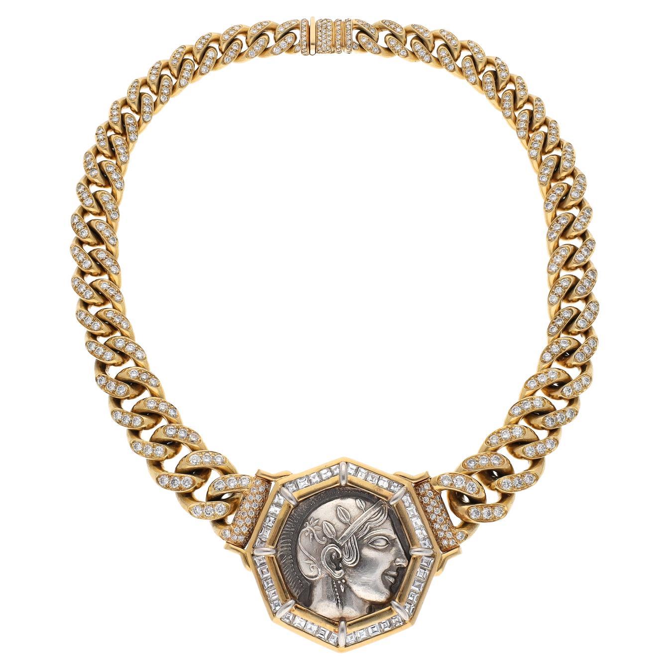 Bvlgari Rome Vintage Ancient Greek Coin Full Diamond Set Gold Curb Link Necklace