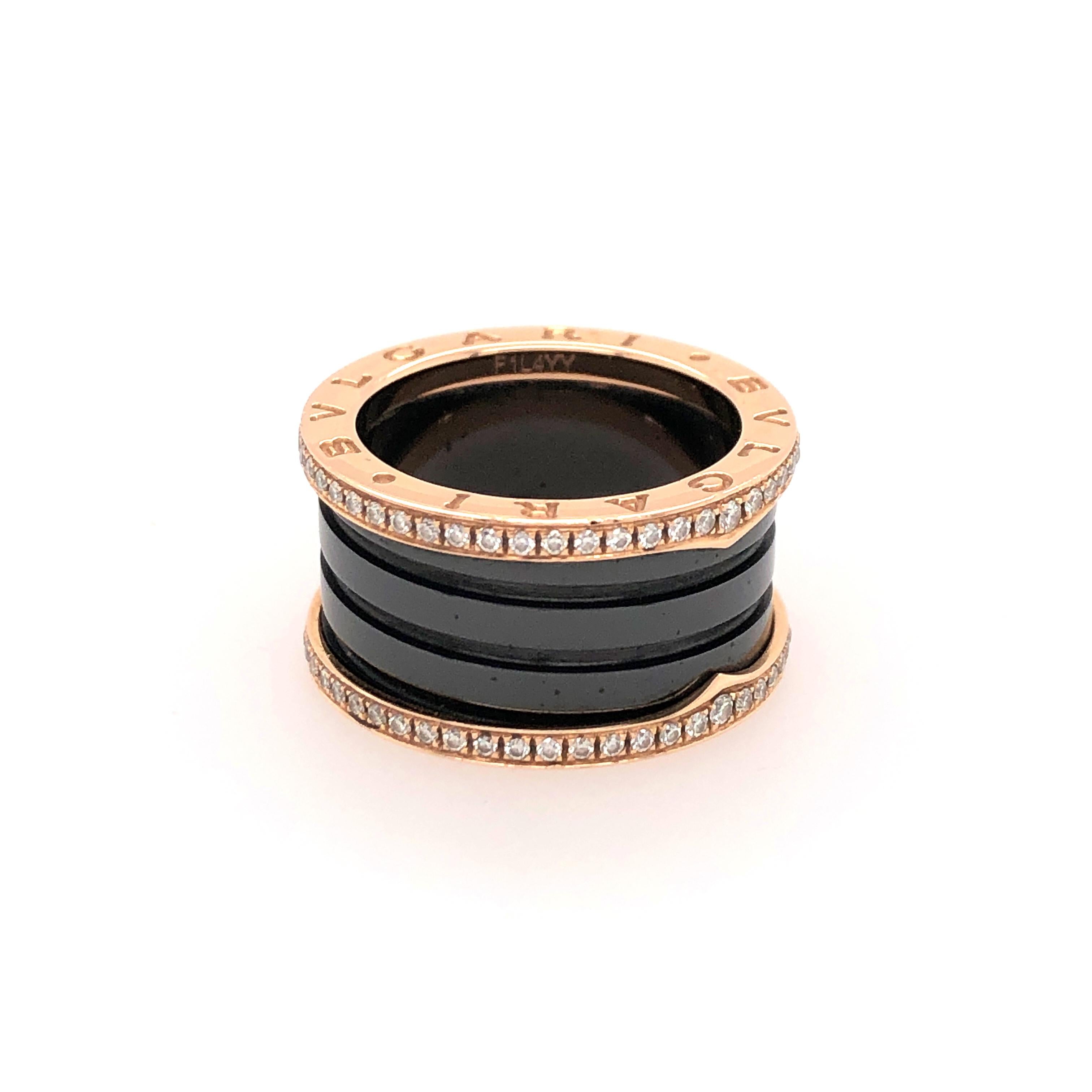 Bold and beautiful, Bvlgari's B.zero1 18K rose gold, black ceramic, and pavé diamond ring adds an edgy sparkle to your black leather jumpsuit (wink, wink). Ok, I might be wearing a black leather jacket while typing this, but really, this ring adds a