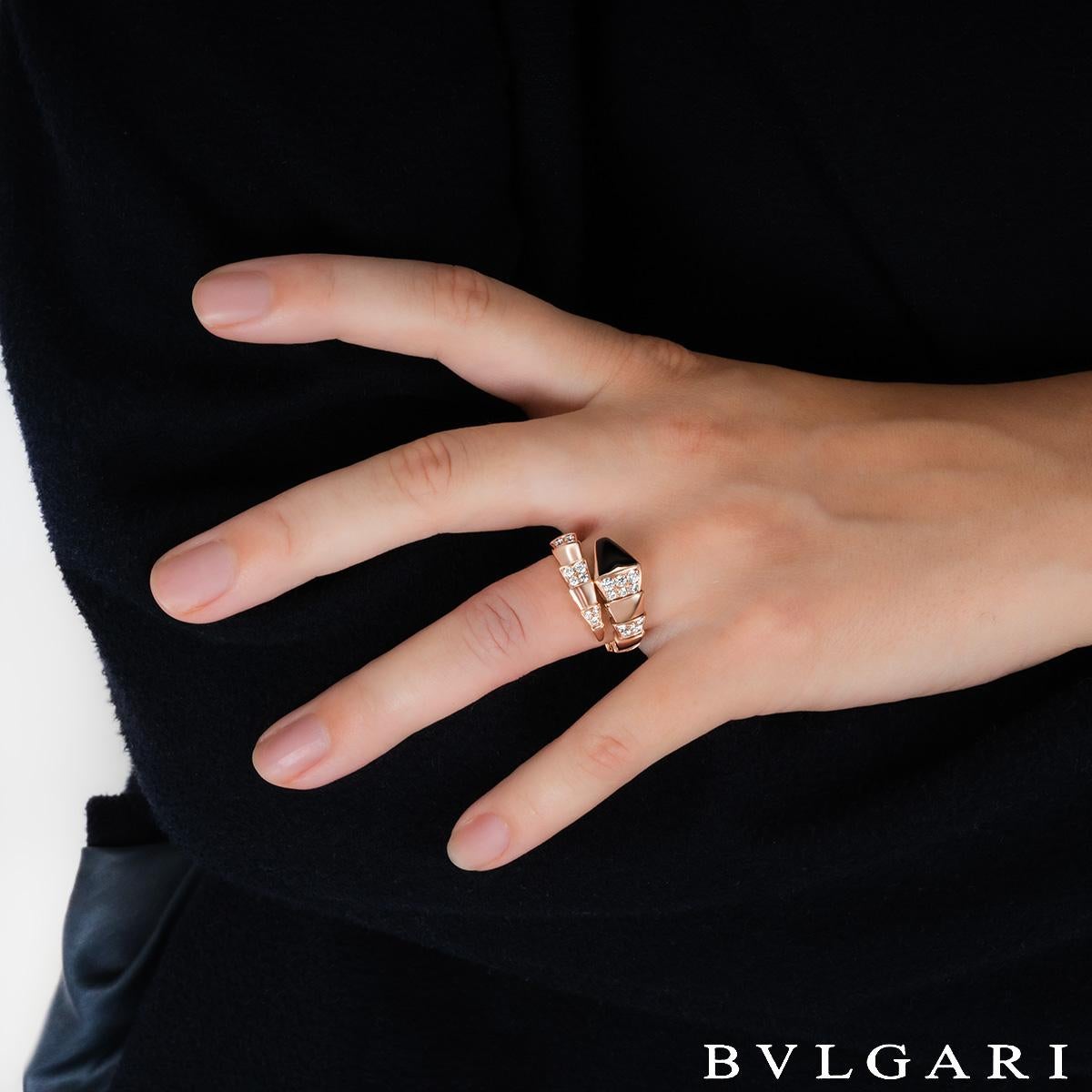 Round Cut Bvlgari Rose Gold Diamond and Onyx Serpenti Ring For Sale