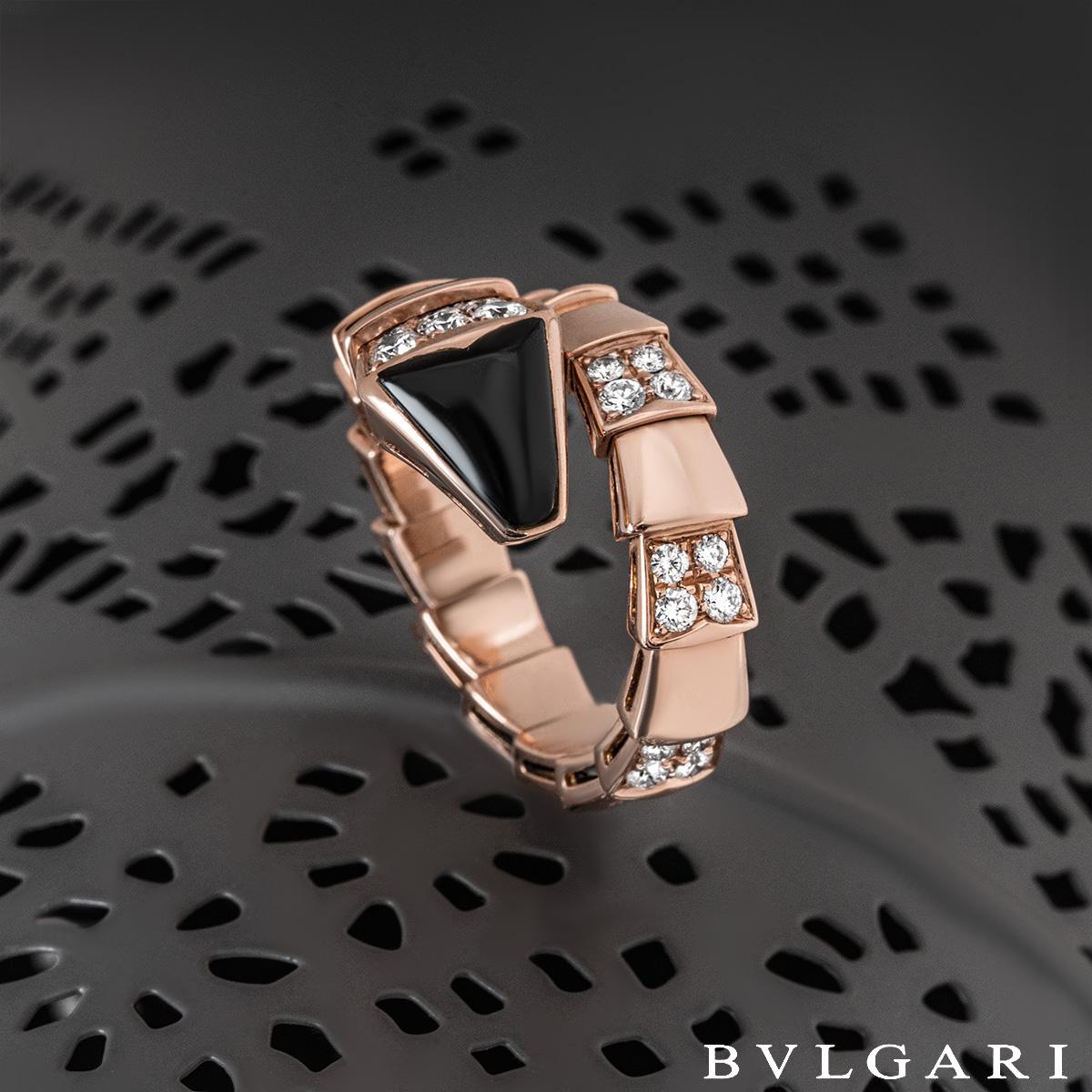 Bvlgari Rose Gold Diamond and Onyx Serpenti Ring In Excellent Condition For Sale In London, GB