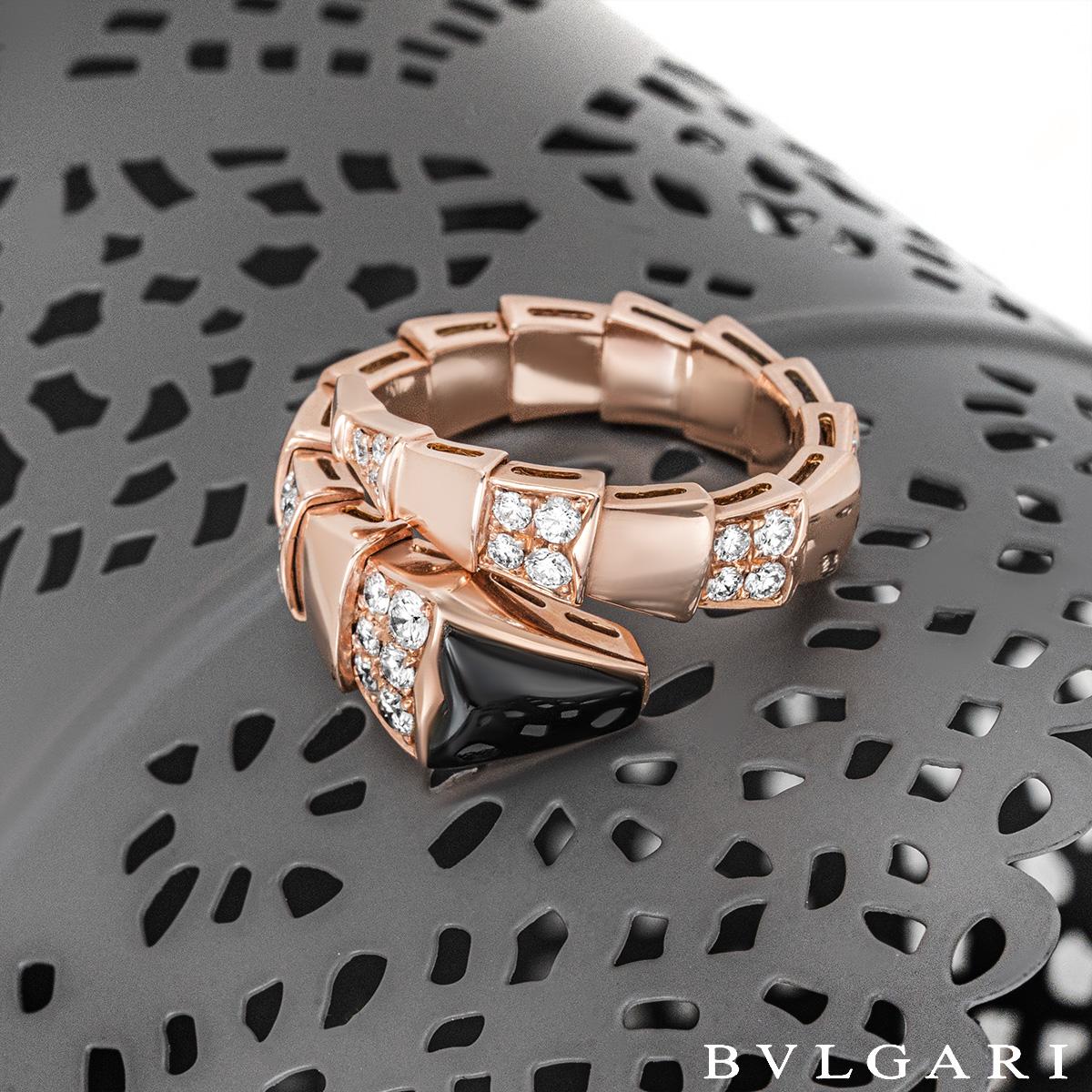 Women's Bvlgari Rose Gold Diamond and Onyx Serpenti Ring For Sale