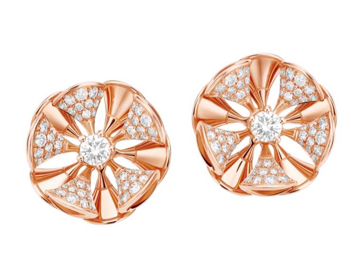 Bvlgari Gold and Diamond Divas' Dream Stud Earrings Central and Pavé Diamonds 1