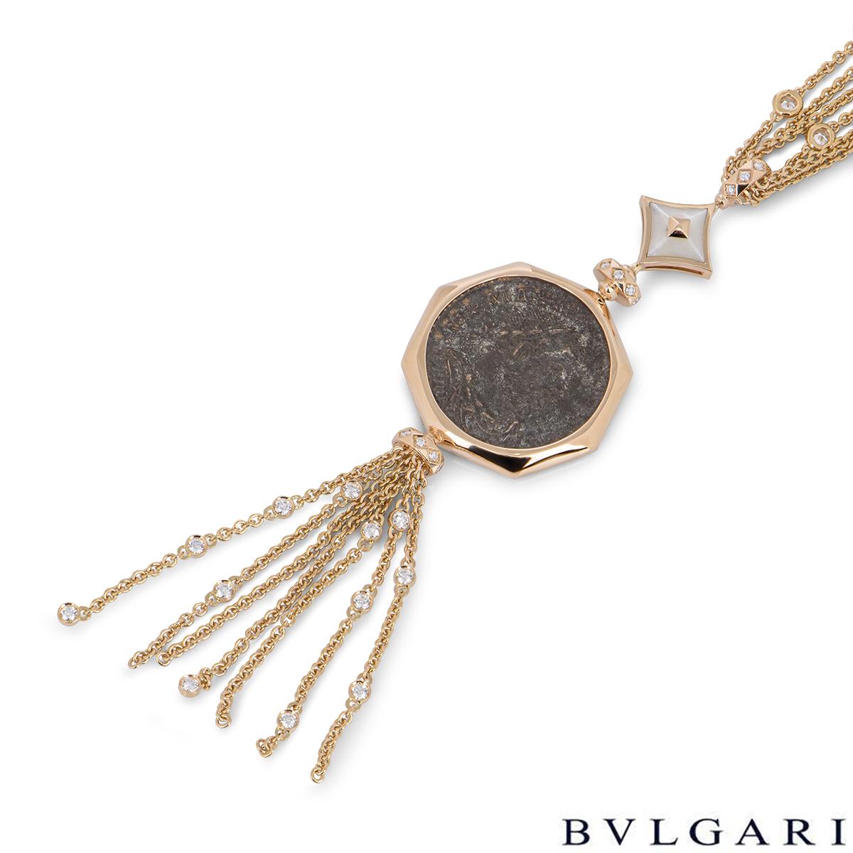 Bvlgari Rose Gold Diamond & Mother of Pearl Monete Necklace In Excellent Condition In London, GB