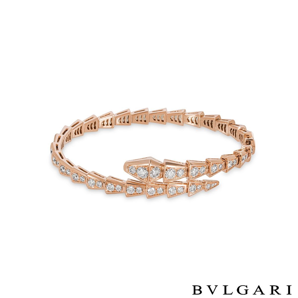 A sophisticated 18k rose gold diamond bracelet by Bvlgari from the Serpenti collection. The bracelet is in the form of a serpent that coils around the wrist with 33 diamond set sections. The 68 round brilliant cut diamonds have an approximate total