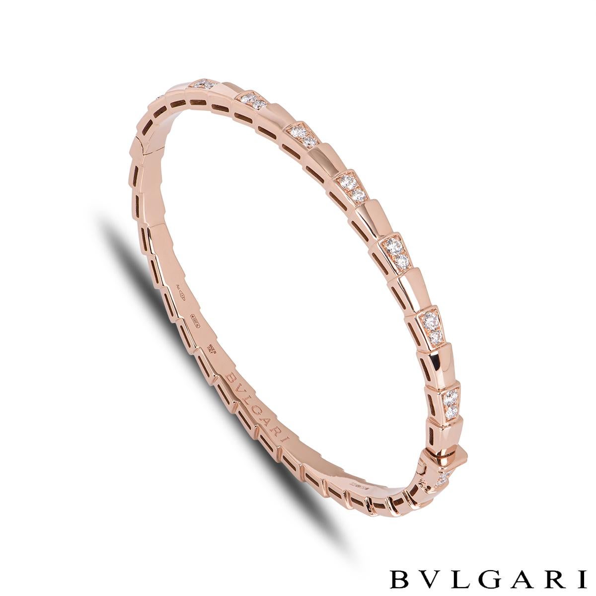 A stunning 18k rose gold diamond bracelet by Bvlgari from the Serpenti collection. The bracelet is in the form of a serpent and beautifully alternates between high polish and diamond sections that evoke the viper's spiral move before it strikes. The