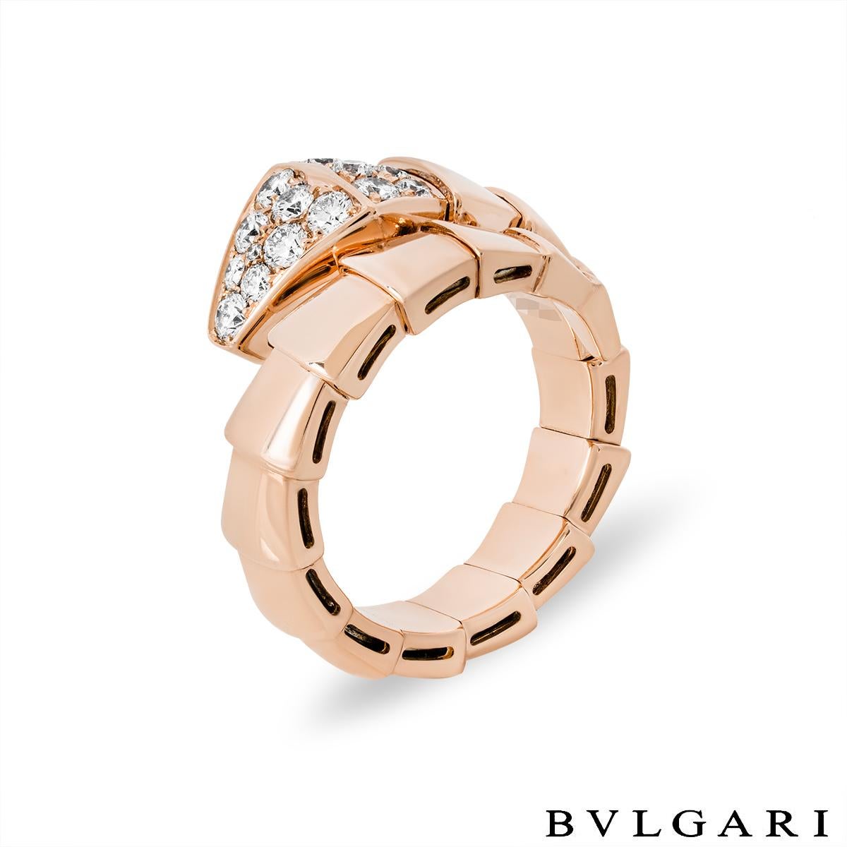 A sophisticated 18k rose gold diamond ring by Bvlgari from the Serpenti collection. The ring is in the form of a serpent wrapping around the finger, comprising 18 graduating flexible intersections including the diamond set head of a snake. The head