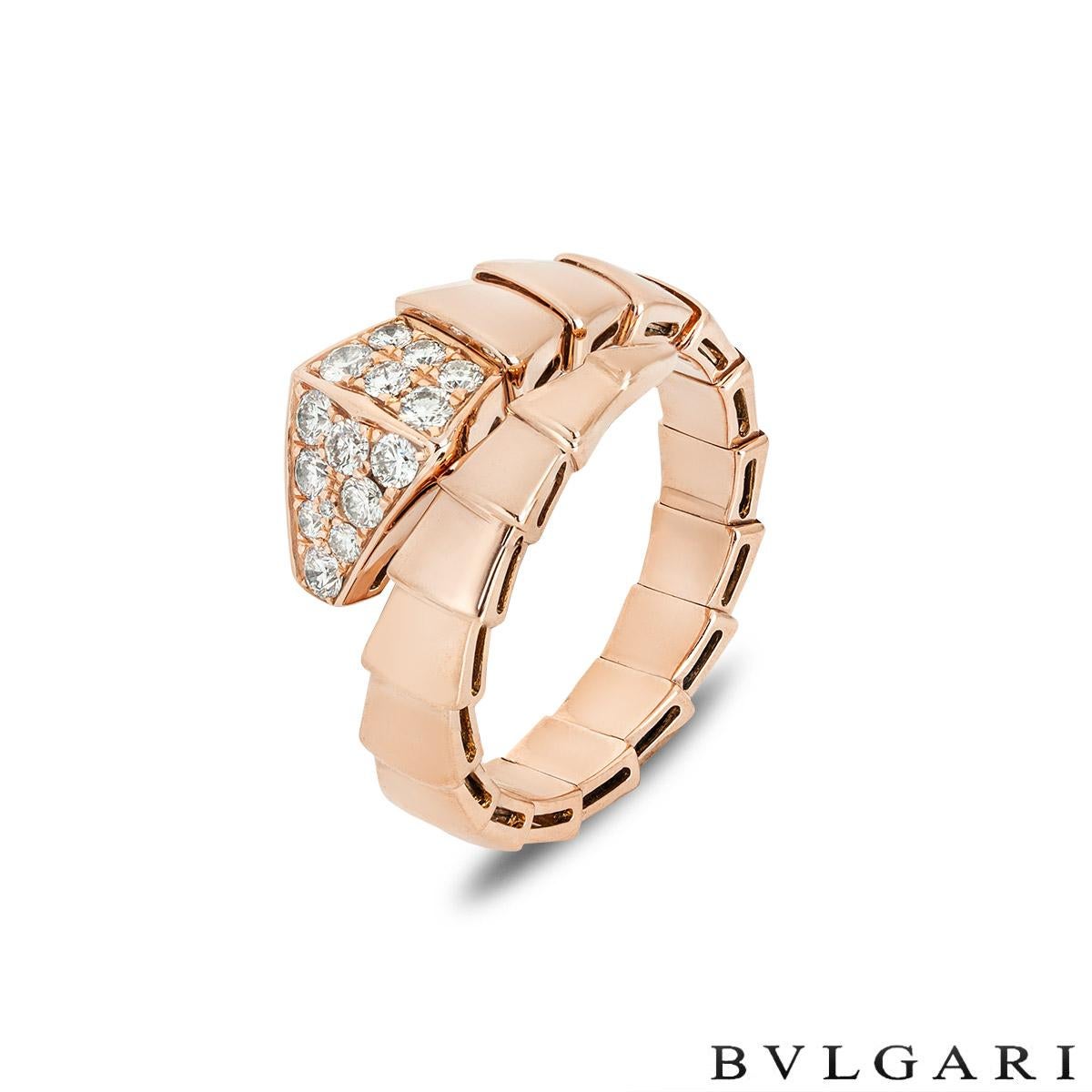 A sophisticated 18k rose gold diamond ring by Bvlgari from the Serpenti collection. The ring is in the form of a serpent wrapping around the finger, comprising 20 graduating flexible intersections including the diamond set head of a snake. The head