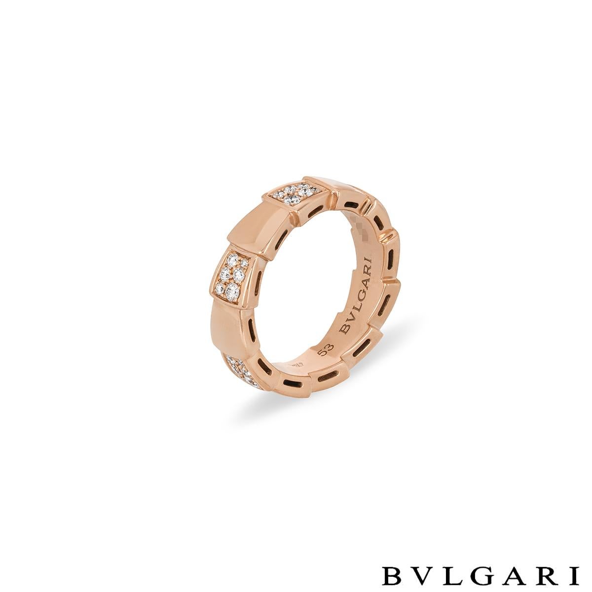 A sophisticated 18k rose gold diamond ring by Bvlgari from the Serpenti collection. The Serpenti Viper ring coils around the finger, comprising of alternating stations of 6 high polish and 6 diamond set stations. There are 36 round brilliant cut