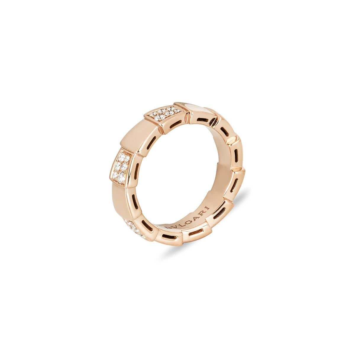 A sophisticated 18k rose gold diamond ring by Bvlgari from the Serpenti collection. The Serpenti Viper ring coils around the finger, comprising of alternating stations of 6 high polish and 6 diamond set stations. There are 36 round brilliant cut