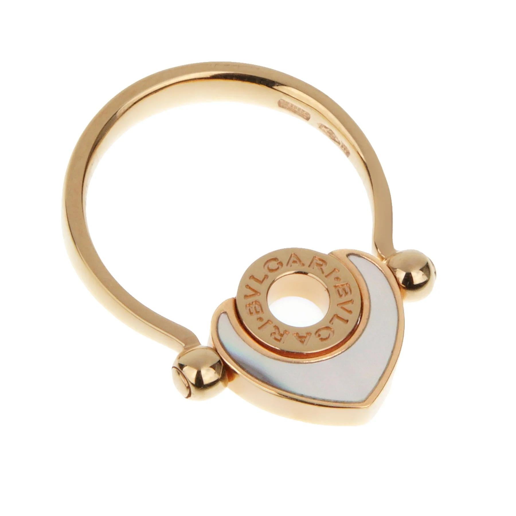 Mixed Cut Bvlgari Rose Gold & Mother of Pearl Heart Gold Ring Sz 6 1/2 For Sale