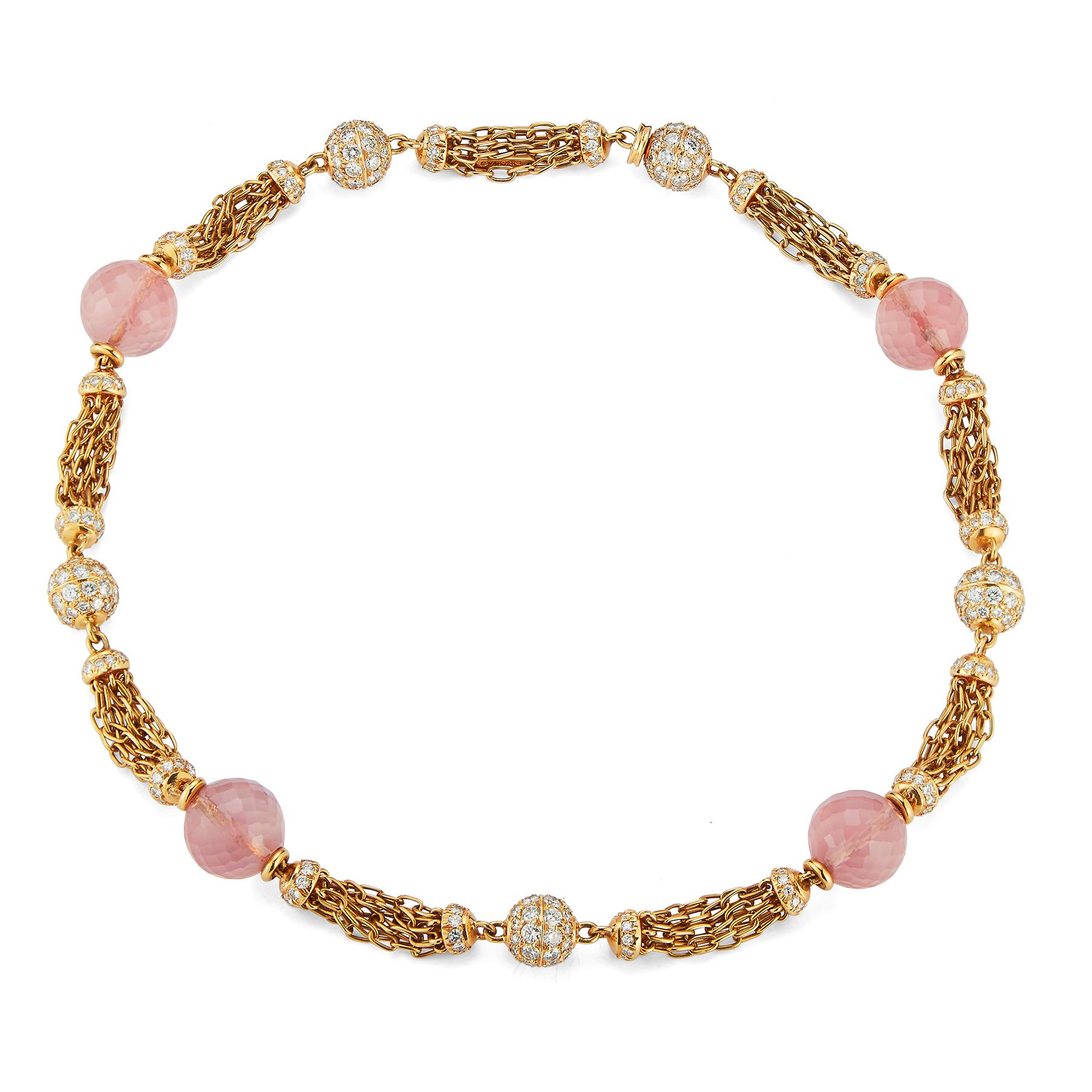 Bulgari Rose Quartz & Diamond Necklace

Rose quartz beads set with diamonds & gold links.

Measurements: 16