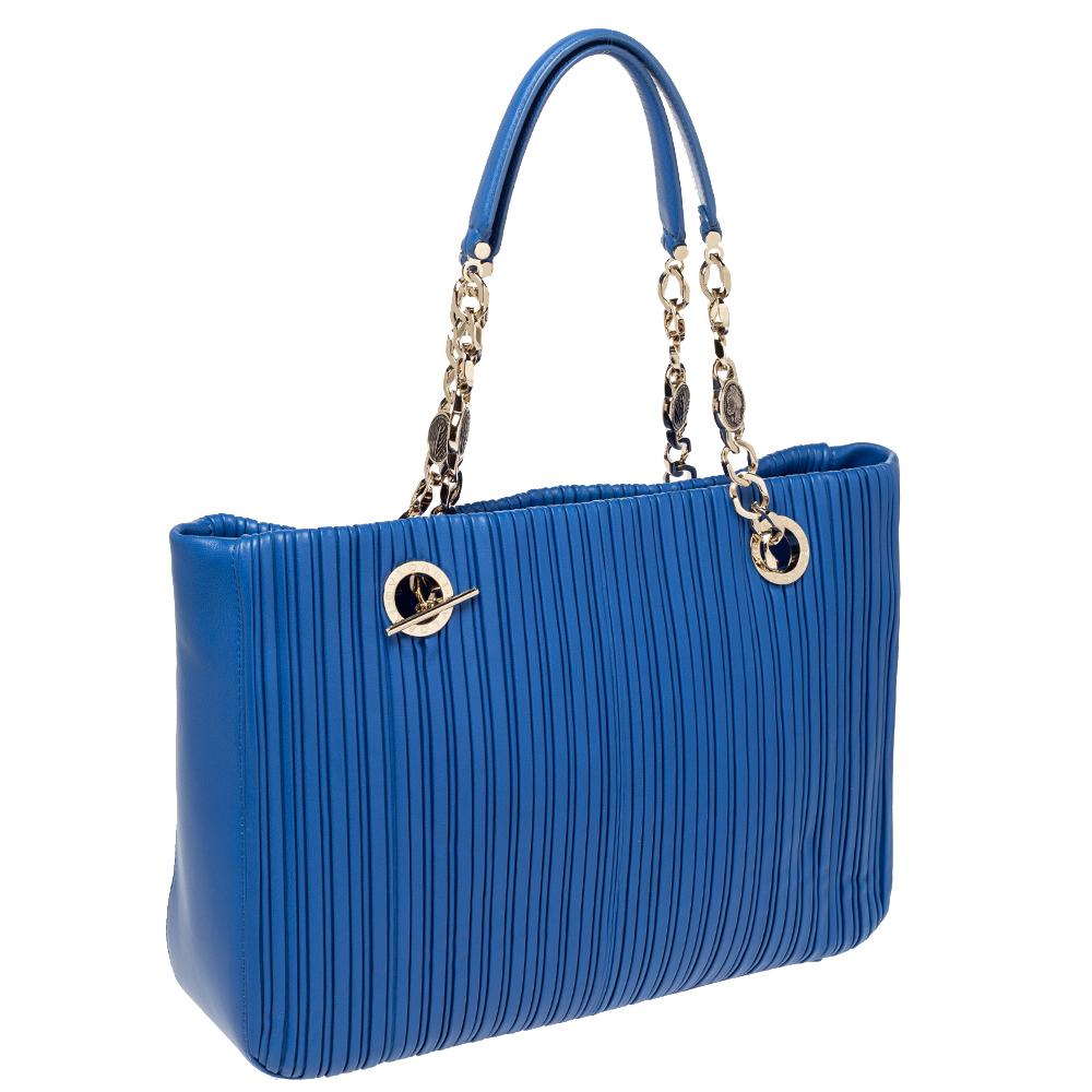 Women's Bvlgari Royal Blue Leather Monte Plisse Shopper Tote