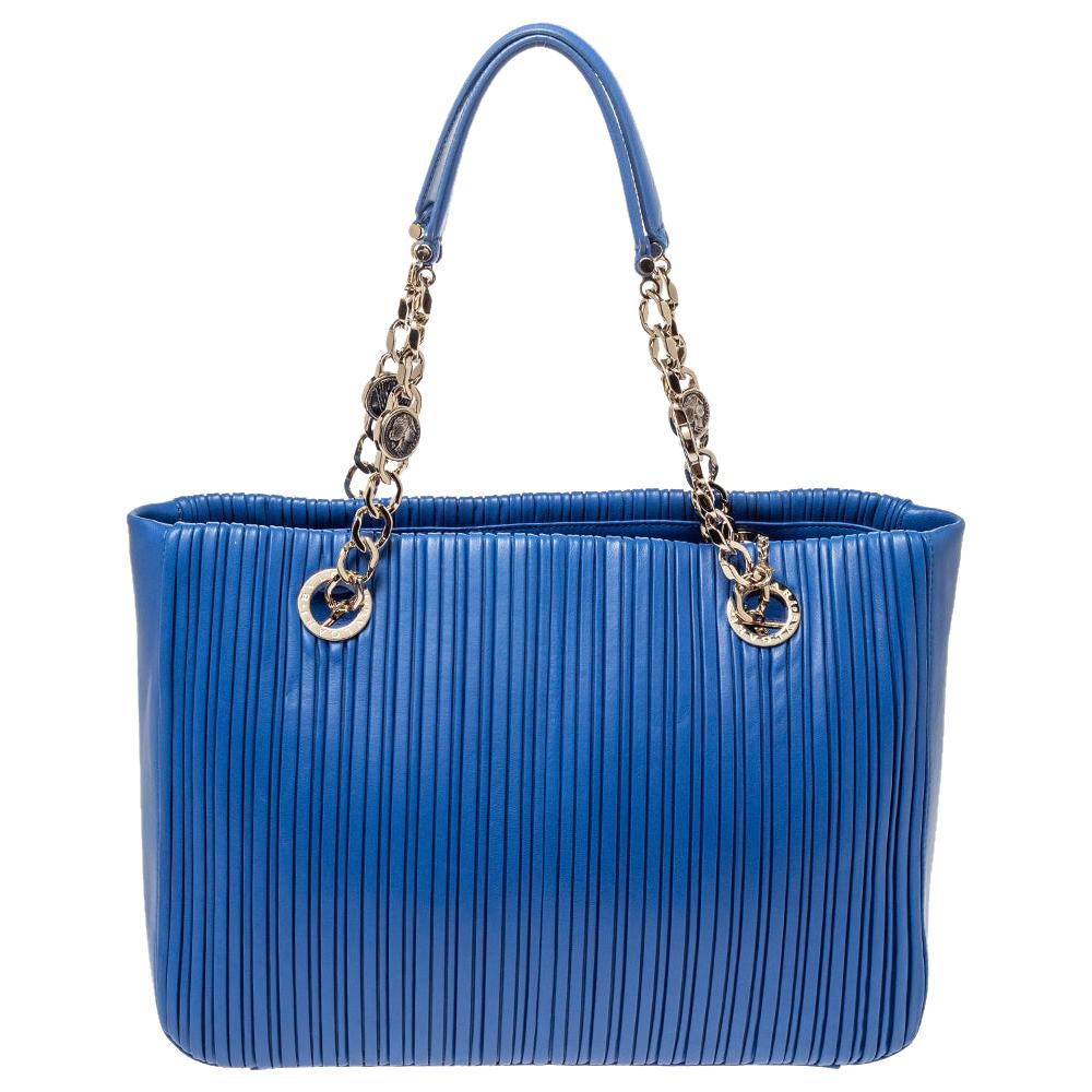 Bvlgari Royal Blue Leather Monte Plisse Shopper Tote