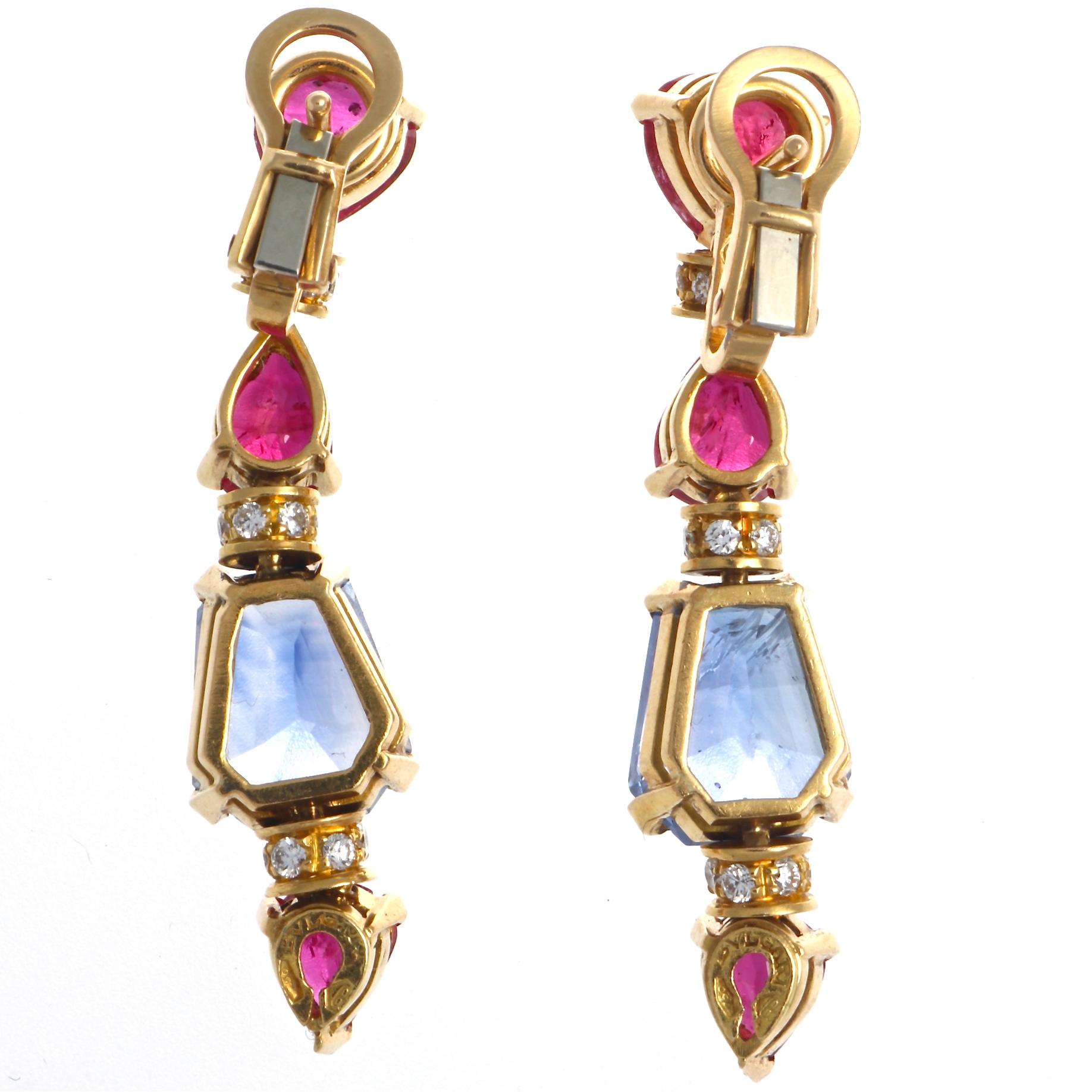 Trillion Cut Bvlgari Ruby Ceylon Sapphire Diamond 18 Karat Gold Earrings