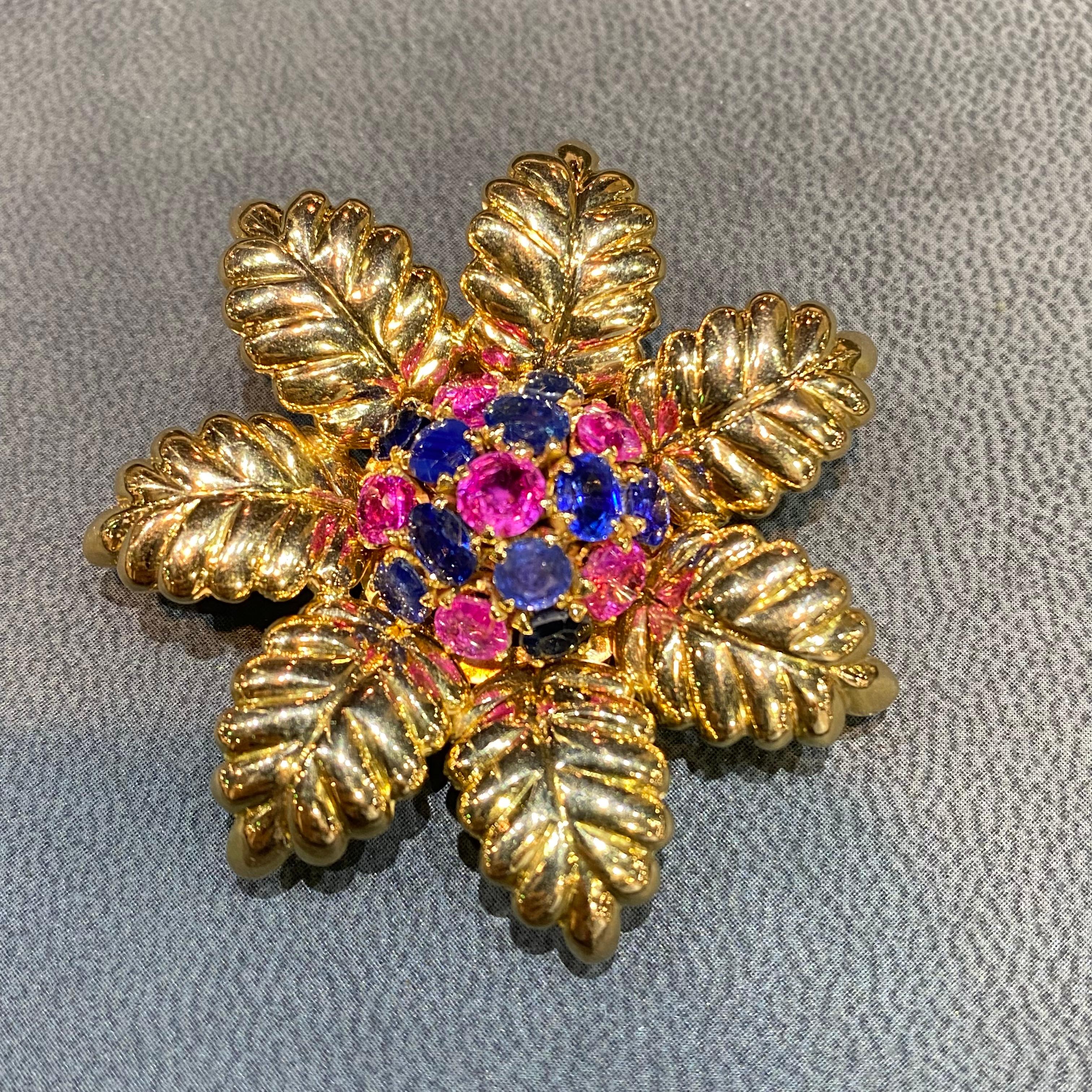 Women's or Men's Bvlgari Ruby & Sapphire Flower Brooch