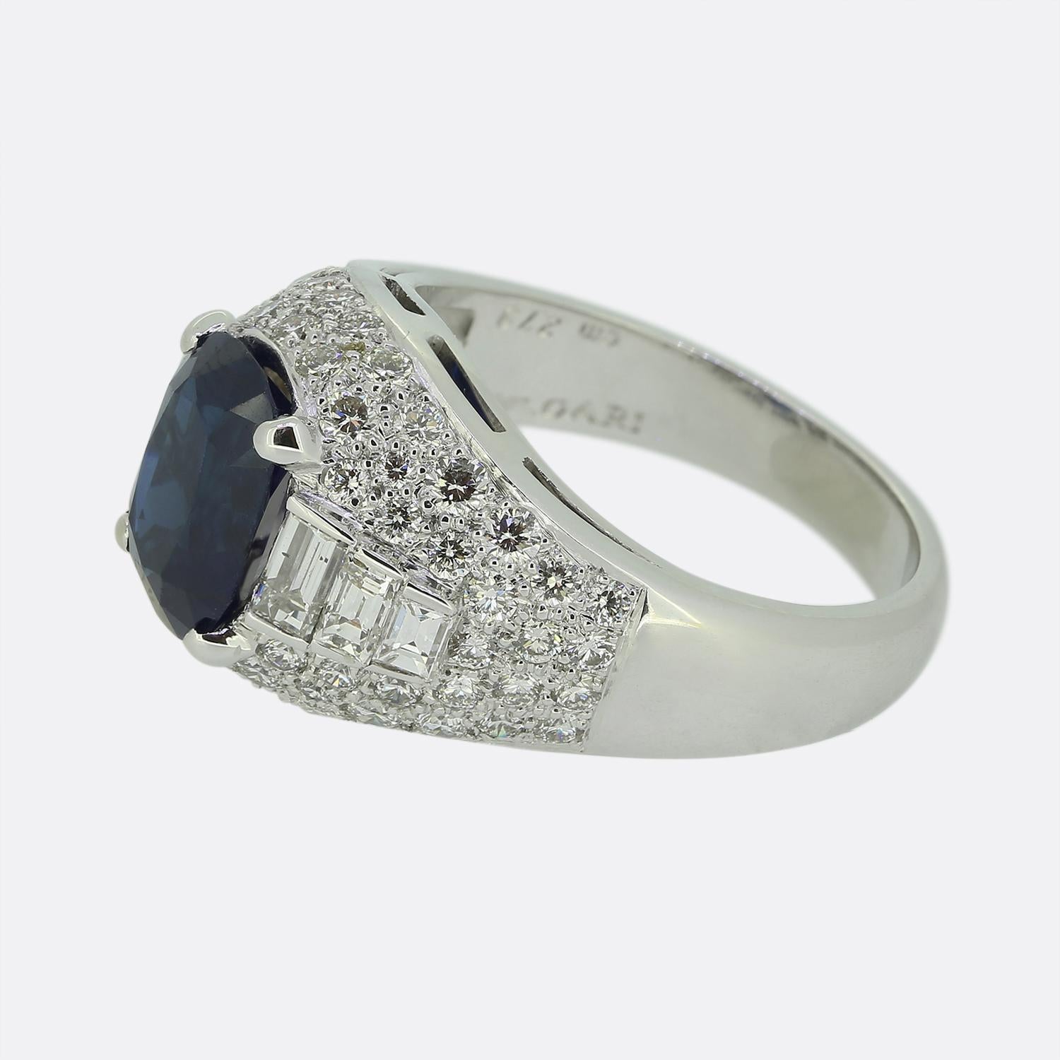 Here we have an wonderful piece from the world renowned Italian jewellery house of Bvlgari. A single oval faceted 2.79ct natural sapphire sits boastfully at the centre of the face in a four-clawed setting whilst showcasing a rich navy blue colour