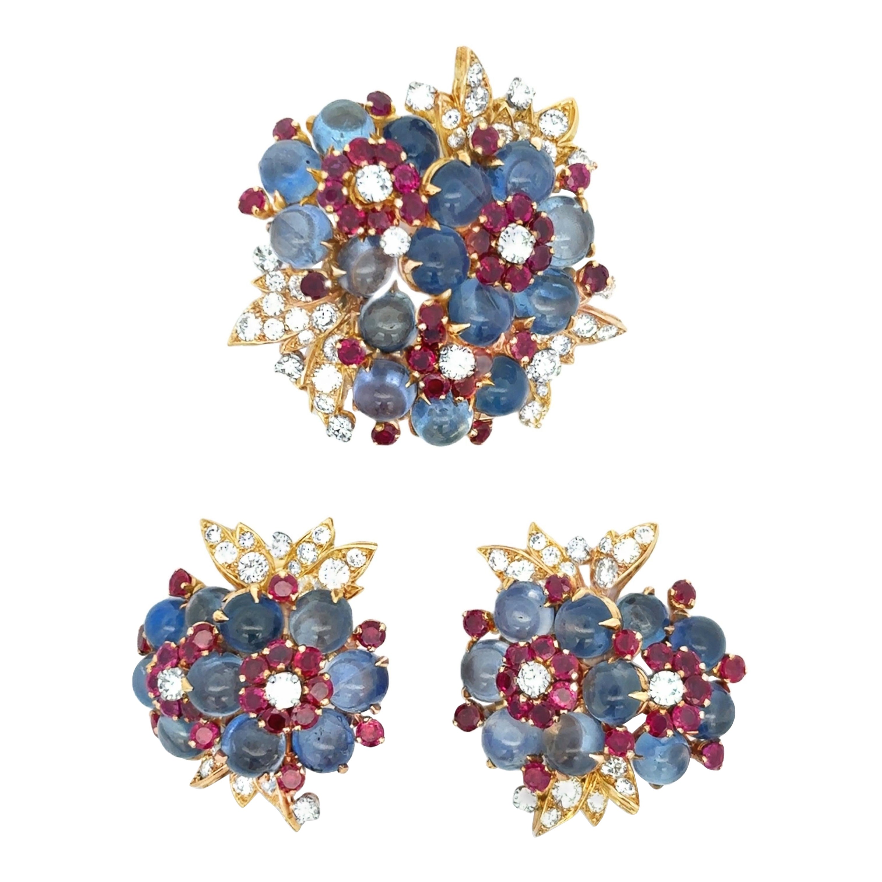 Bvlgari Sapphire Flower Brooch And Earrings Set For Sale