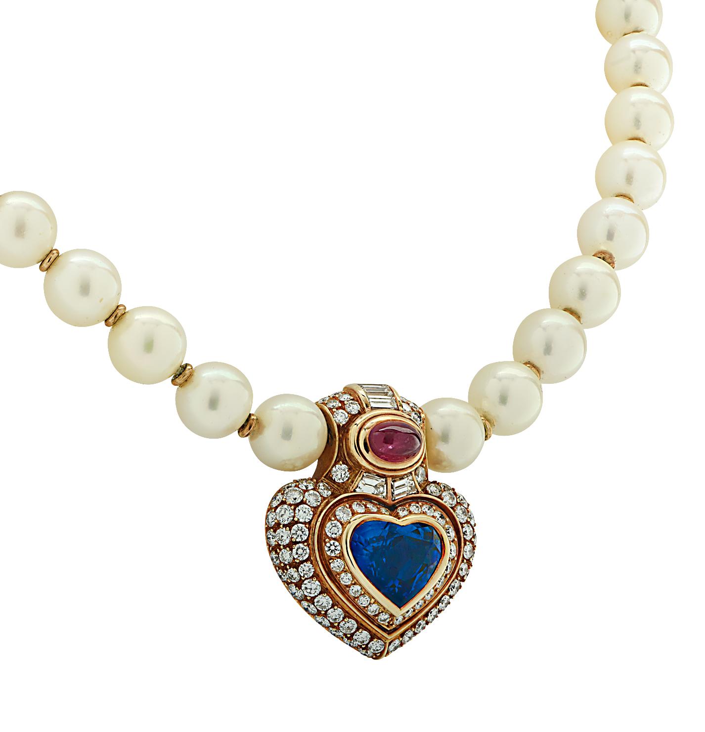 Halskette mit Saphiren, Rubinen, Diamanten und Perlen von Bvlgari (Herzschliff) im Angebot