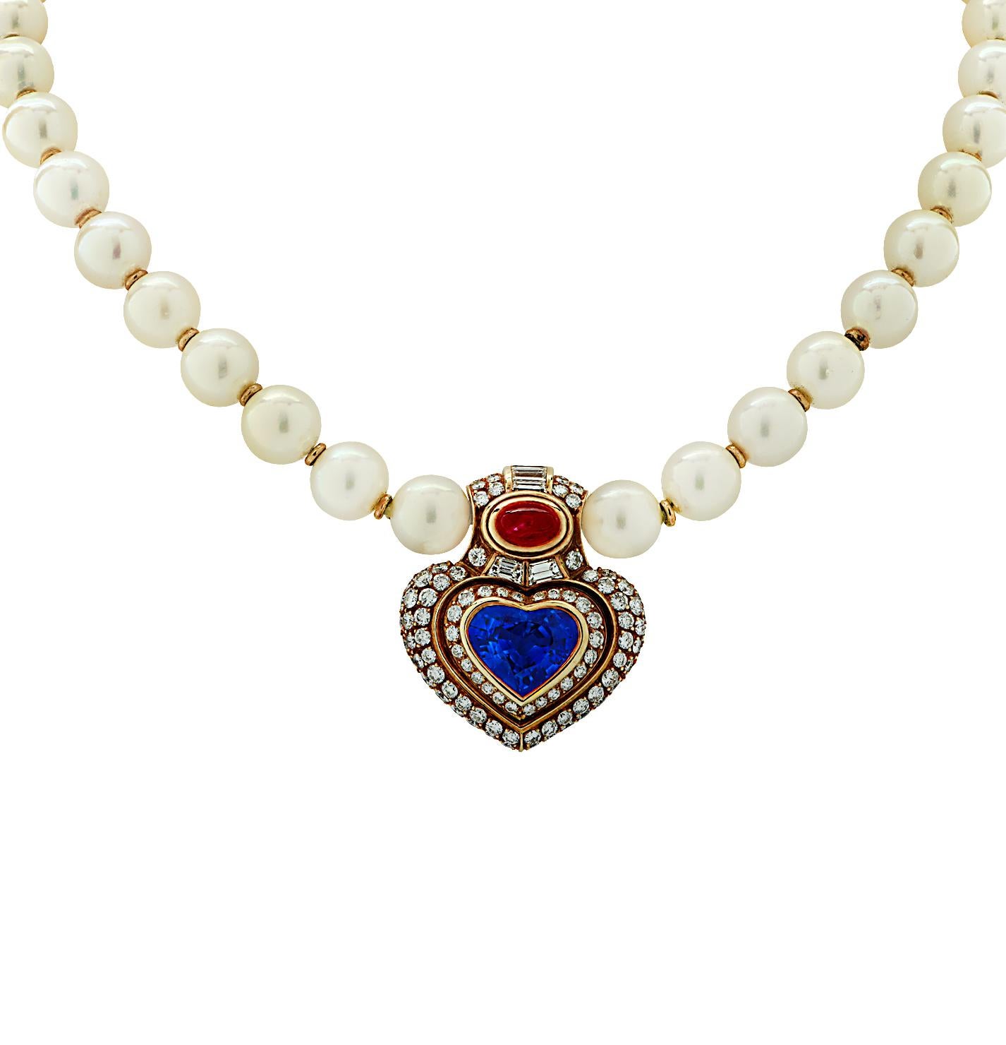 Halskette mit Saphiren, Rubinen, Diamanten und Perlen von Bvlgari im Zustand „Gut“ im Angebot in Miami, FL