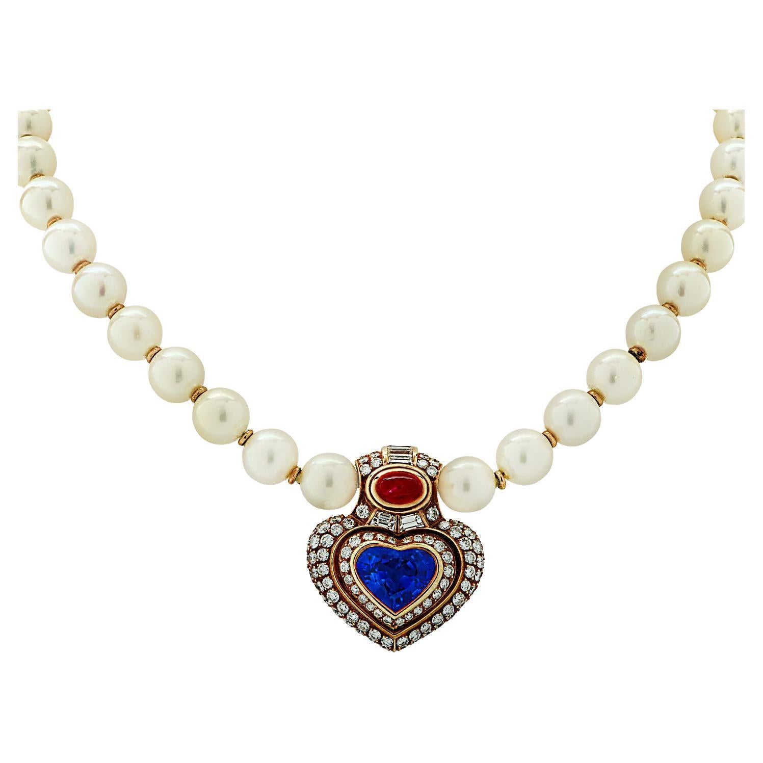 Halskette mit Saphiren, Rubinen, Diamanten und Perlen von Bvlgari im Angebot