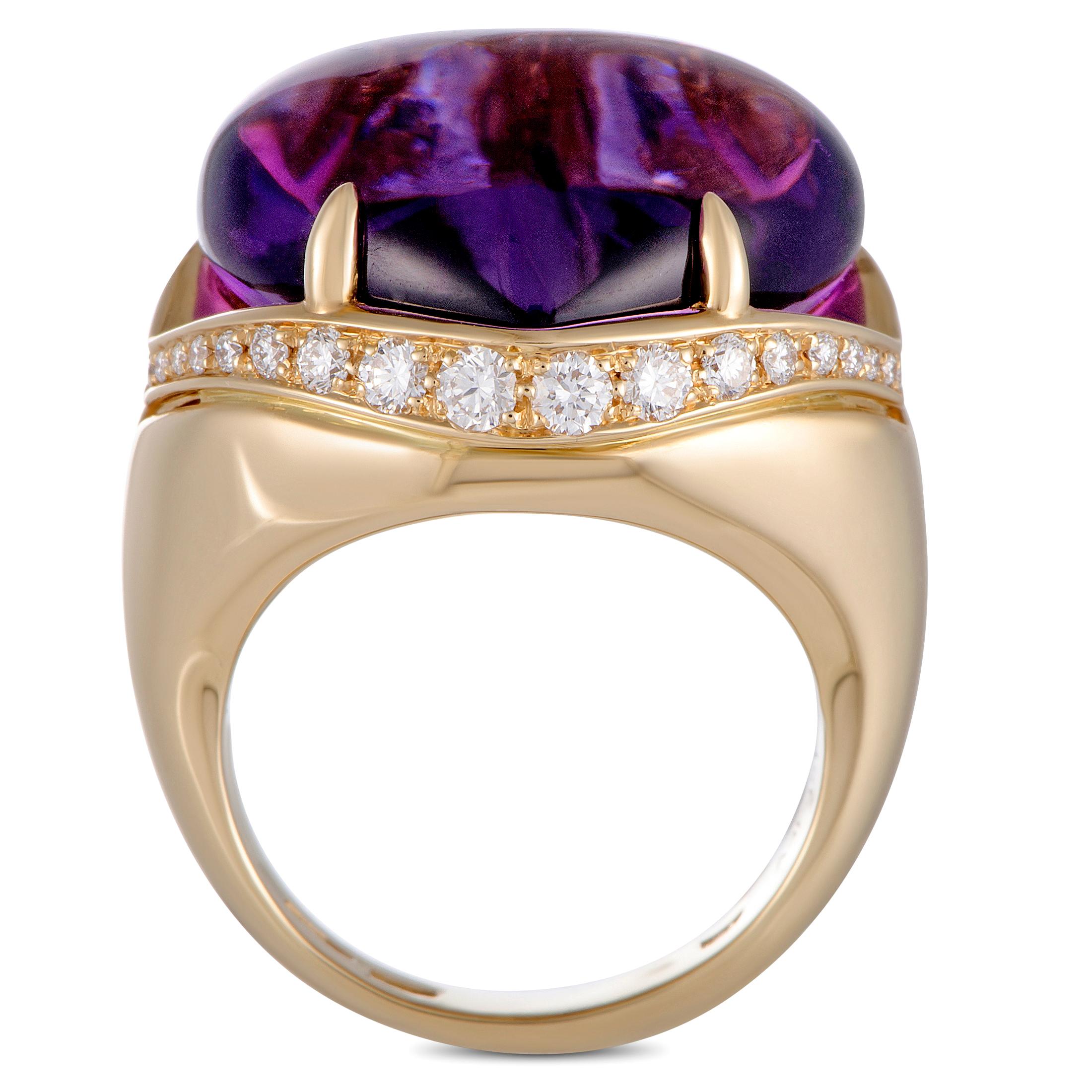 The Bvlgari “Sassi” ring is crafted from 18K yellow gold and weighs 14 grams, featuring band thickness of 3 mm and top height of 12 mm, while top dimensions measure 17 by 20 mm. The ring is set with an amethyst and a total of 0.66 carats of diamonds