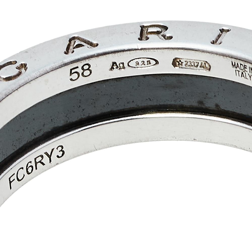 Contemporary Bvlgari Save the Children 1-Band Silver and Black Ceramic Ring Size EU 58