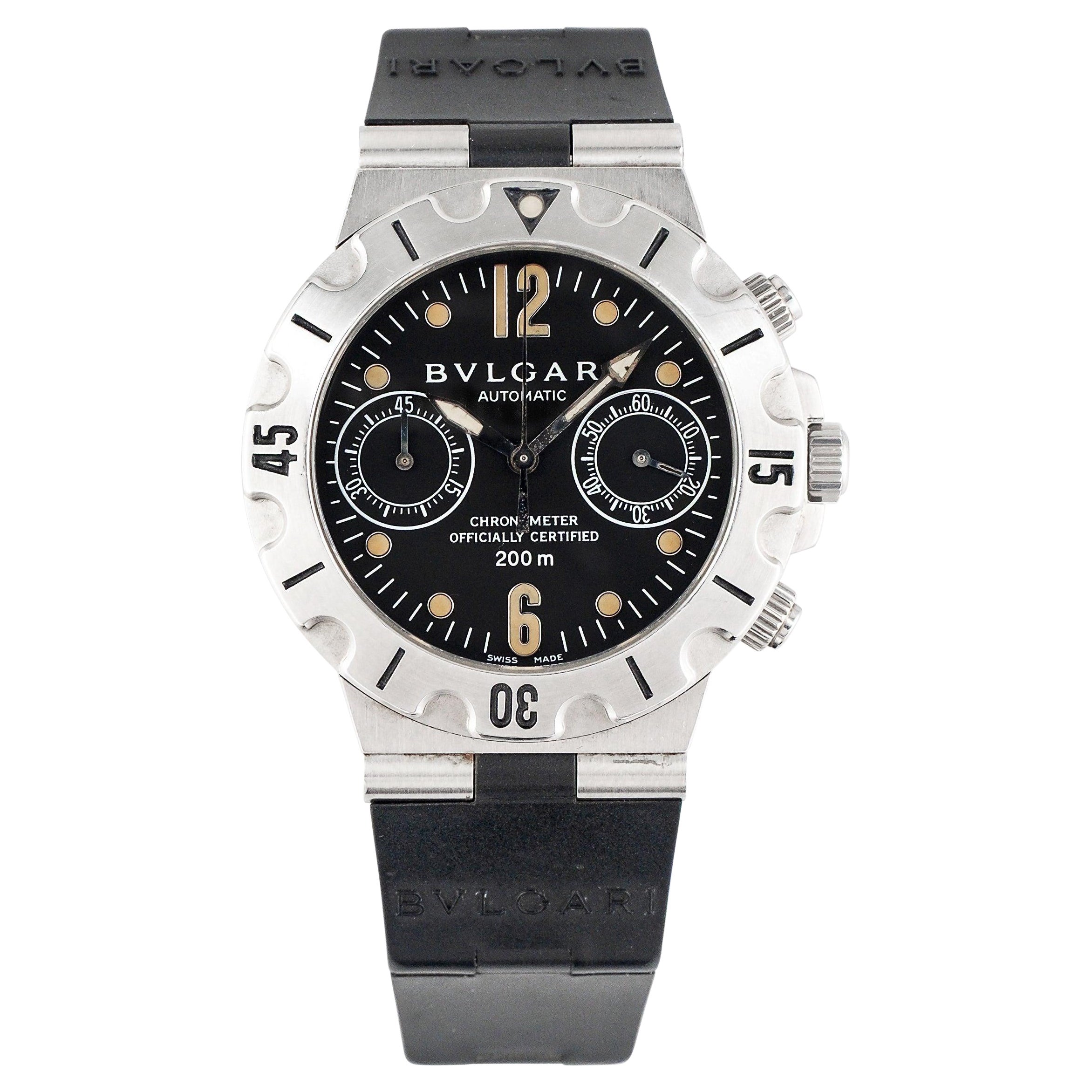 Montre Bvlgari Scuba SC38S à cadran noir en acier, années 1990 en vente