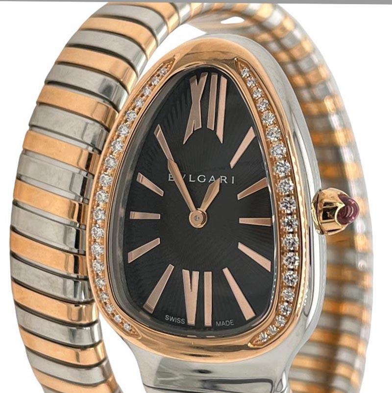 Modern Bvlgari Serpent Tubogas Single Wrap 2 Tone 18K Rose Gold & Steel & Diamonds