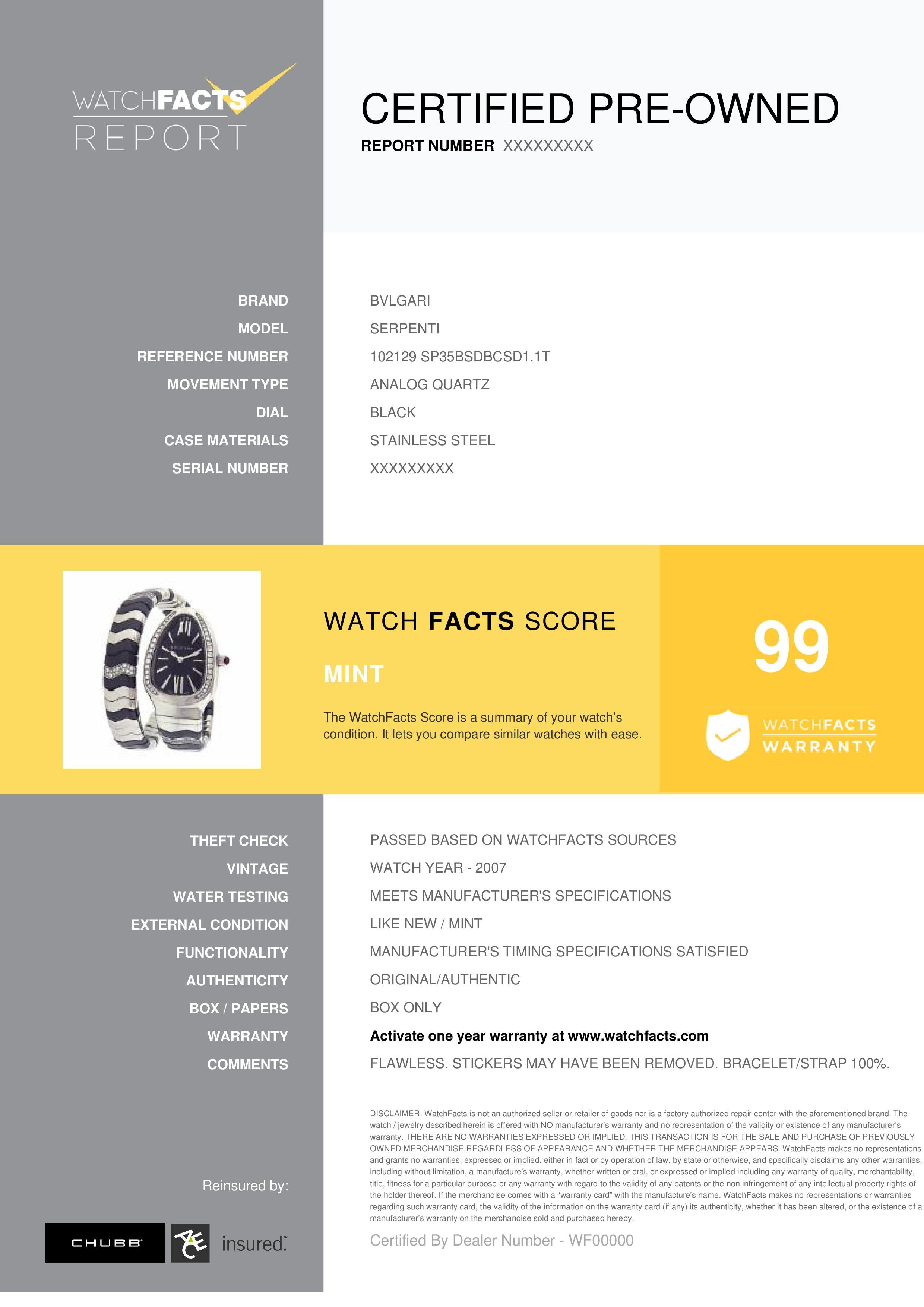 Bvlgari Serpenti Referenz-Nr.: 102129 SP35BSDBCSD1.1T. Analoge Quarzuhr für Damen aus Edelstahl Schwarz 35 MM. Geprüft und zertifiziert von WatchFacts. 1 Jahr Garantie durch WatchFacts angeboten.