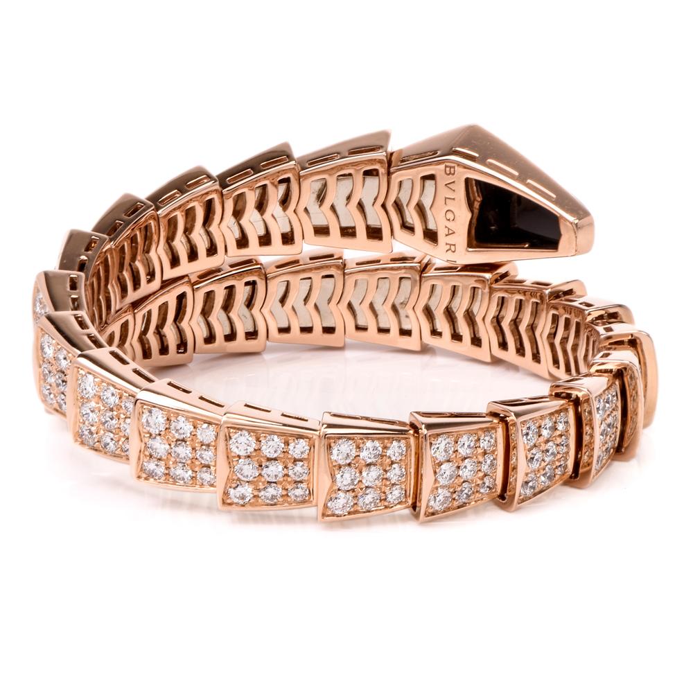 Women's Bvlgari Serpenti 18 Karat Rose Gold Full Diamond Onyx Bulgari Snake Bracelet