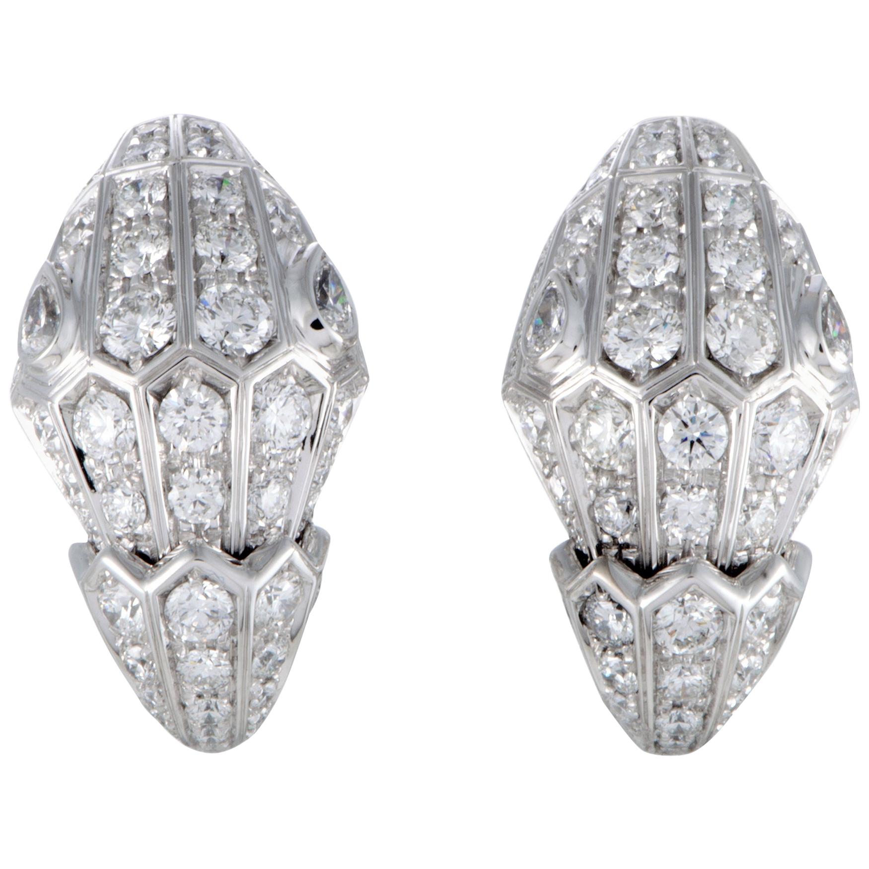 Bvlgari Serpenti 18 Karat White Gold Full Diamond Pave Huggie Clip-On Earrings